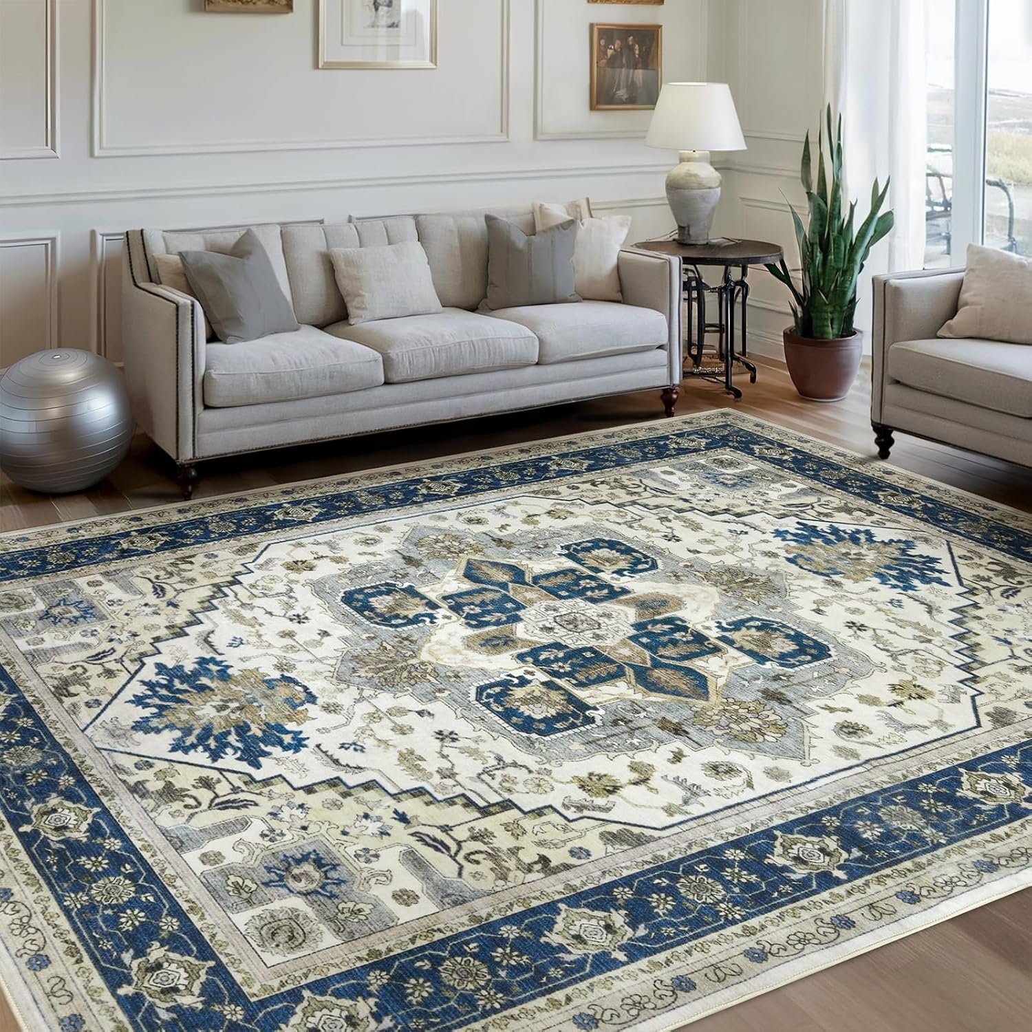 Machine Washable Area Rug 8×10 – Large for Living Room Vintage Oriental Soft Rugs, Low Pile Thin Floor Carpet with Non Slip Backing for Bedroom, Dorm, Under Dining Room Table, Indoor House, Office