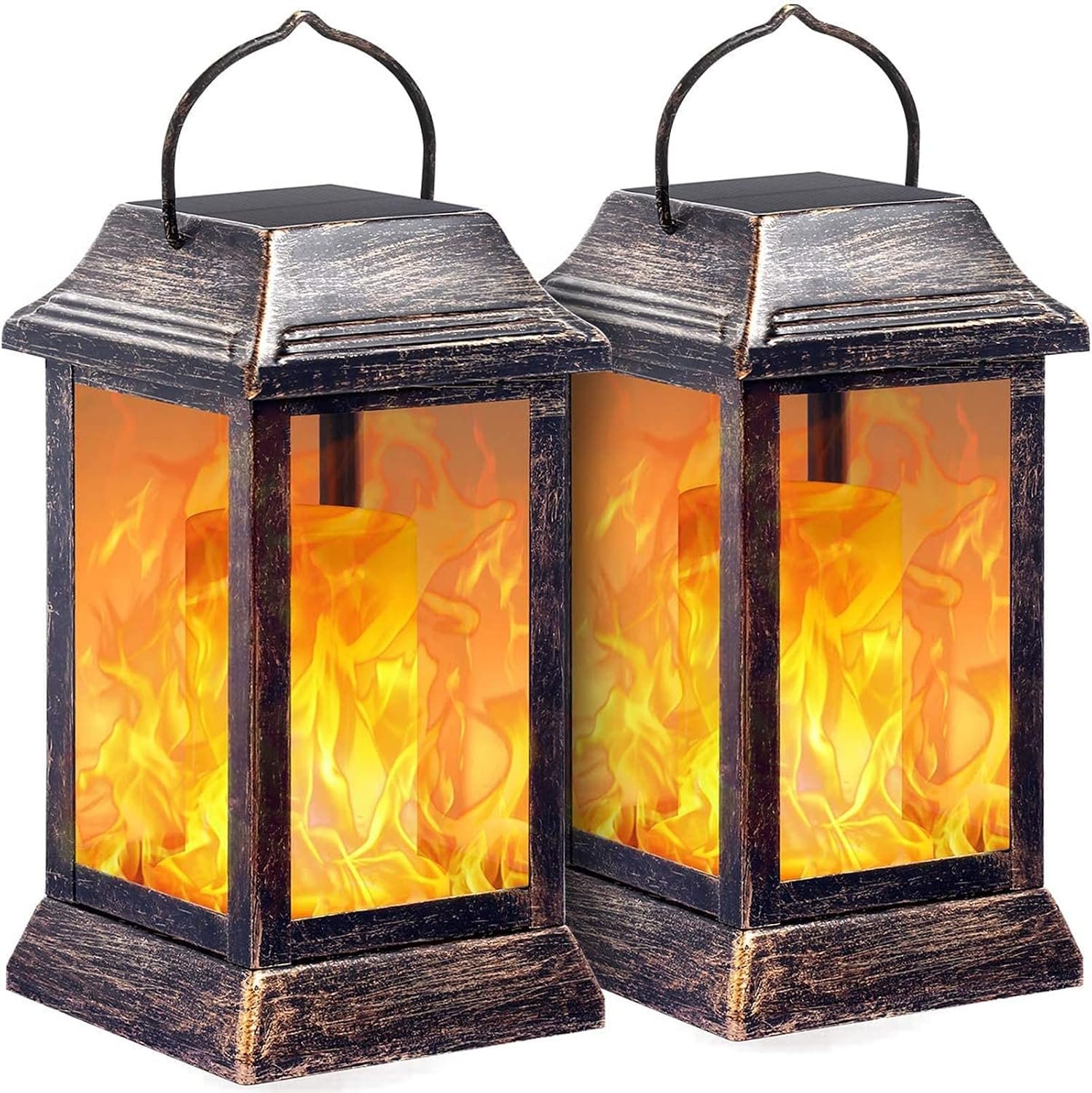 TomCare Flickering Flame Solar Lights Outdoor Metal Hanging Lantern, 2 Pack