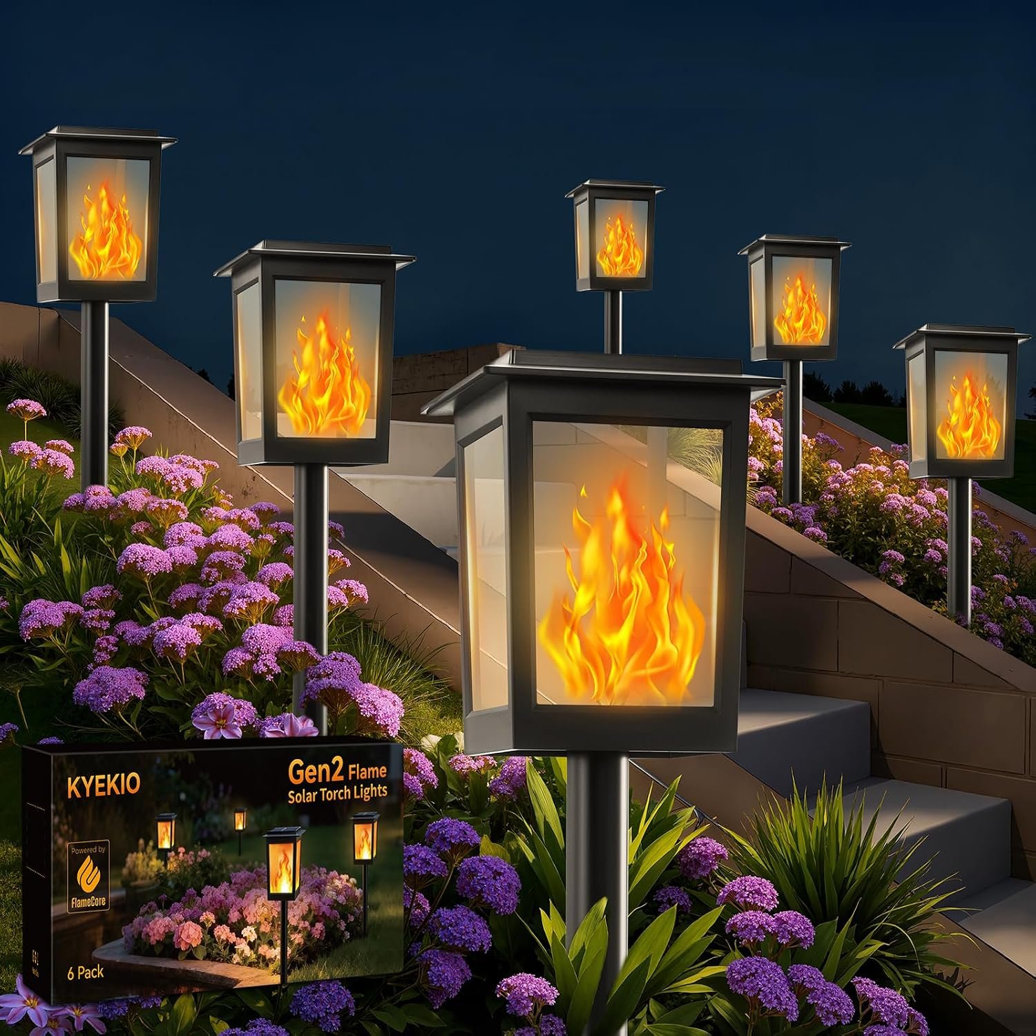 KYEKIO Large Size & Gen2 Flame Solar Torch Lights for Halloween Decorations