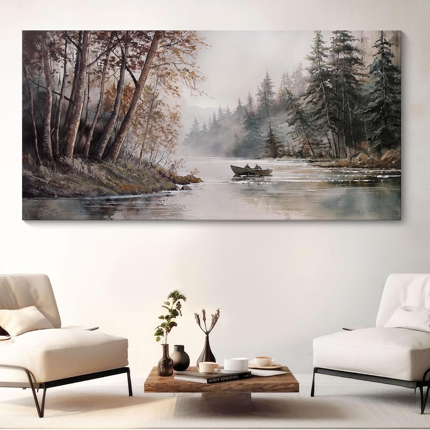HGUAOA Mountain Canvas Wall Art Rustic Lake Landscape – Nature & Forest Scenery Paintings Pictures for Living Room & Bedroom Wall Decor Vintage Artwork for Walls