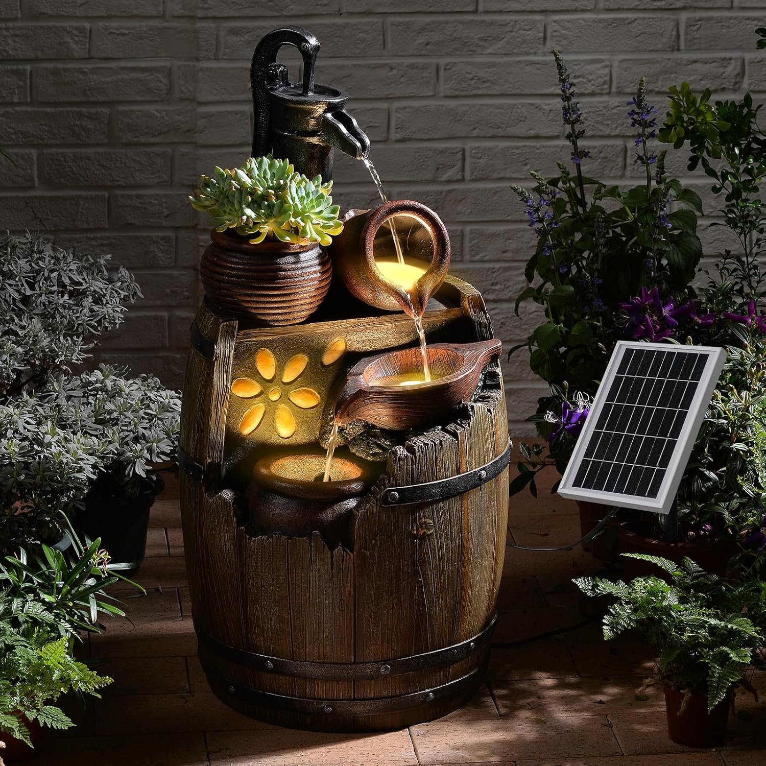 29″ Tall Solar Water Fountain Outdoor Rustic Pump and Barrel