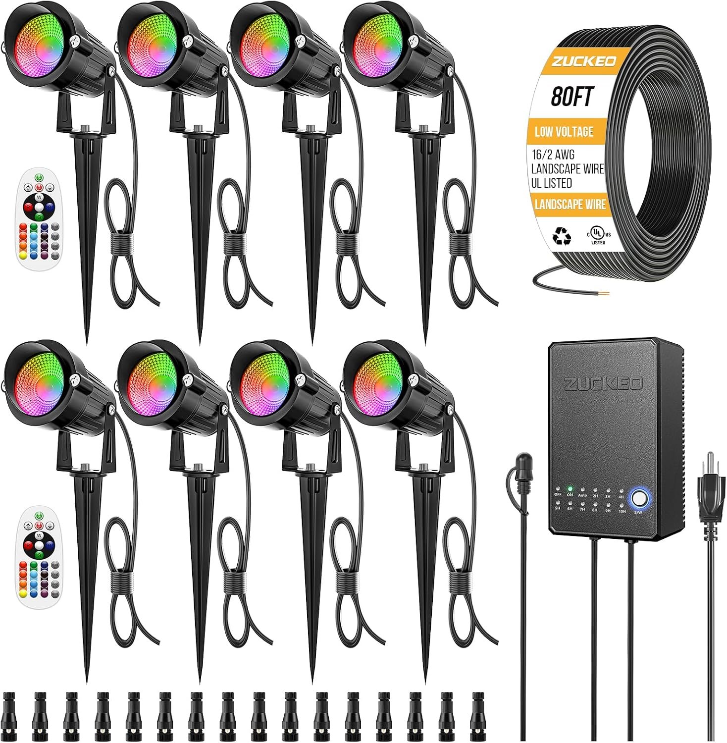 ZUCKEO All-in-One RGBW Landscape Lighting Kit, 5W Color Changing Low Voltage Landscape Lights with Transformer and 80FT Wire, LED Multi-Color Landscape Spotlights for Holiday Yard Garden House, 8Pack