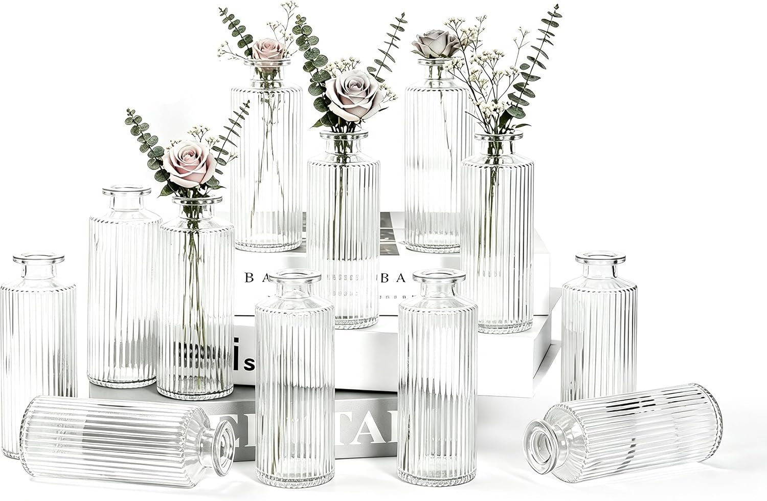 12‑Pack 5.2 Inch Clear Glass Bud Vases, Fluted Ribbed Small Flower Vase Set