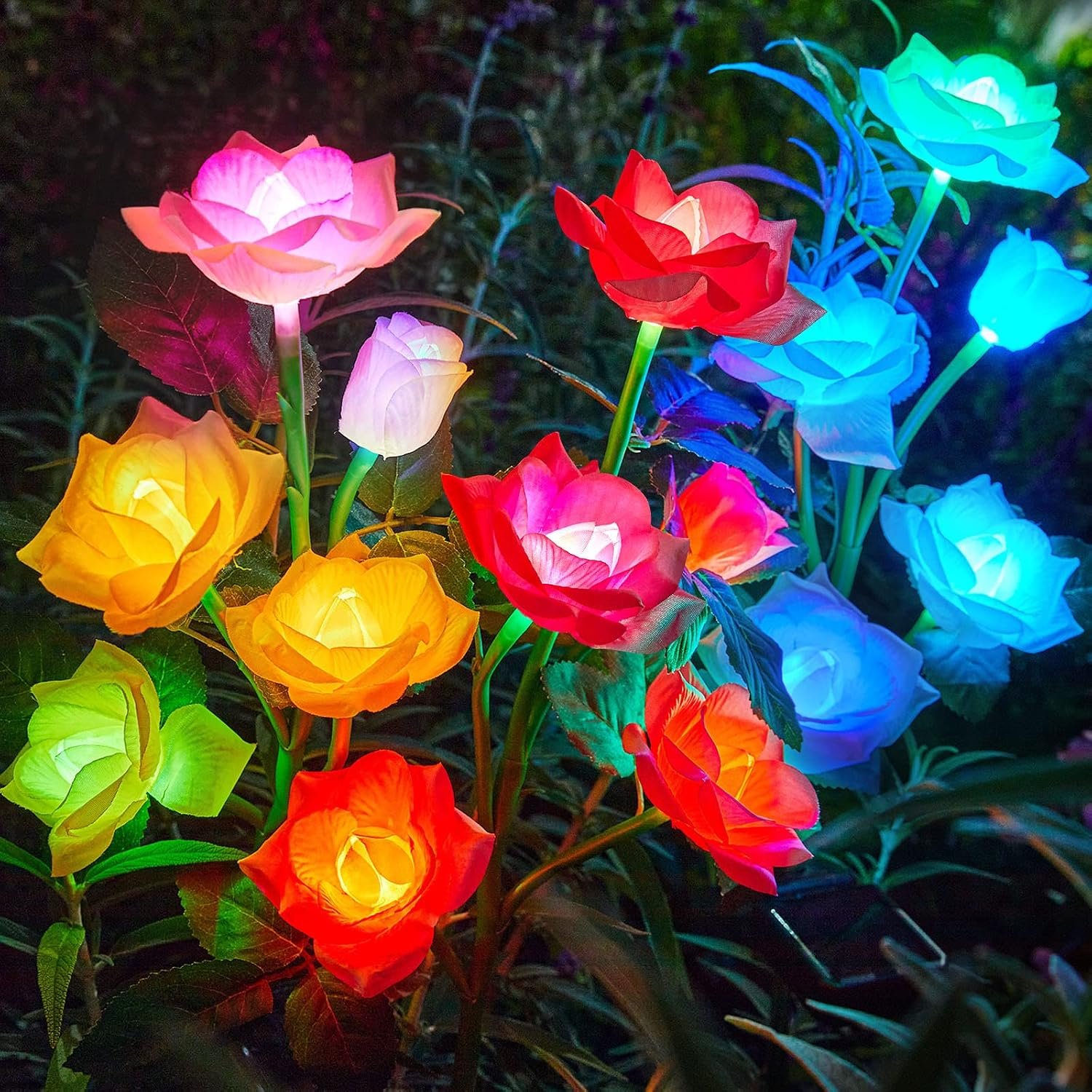 RECHOO Solar Garden Lights Outdoor, 3 Pack Solar Flower Lights with 15 Rose Flowers, Multi-Color Changing LED Waterproof Solar Lights, Garden Decor for Landscape Pathway, Gifts for Women