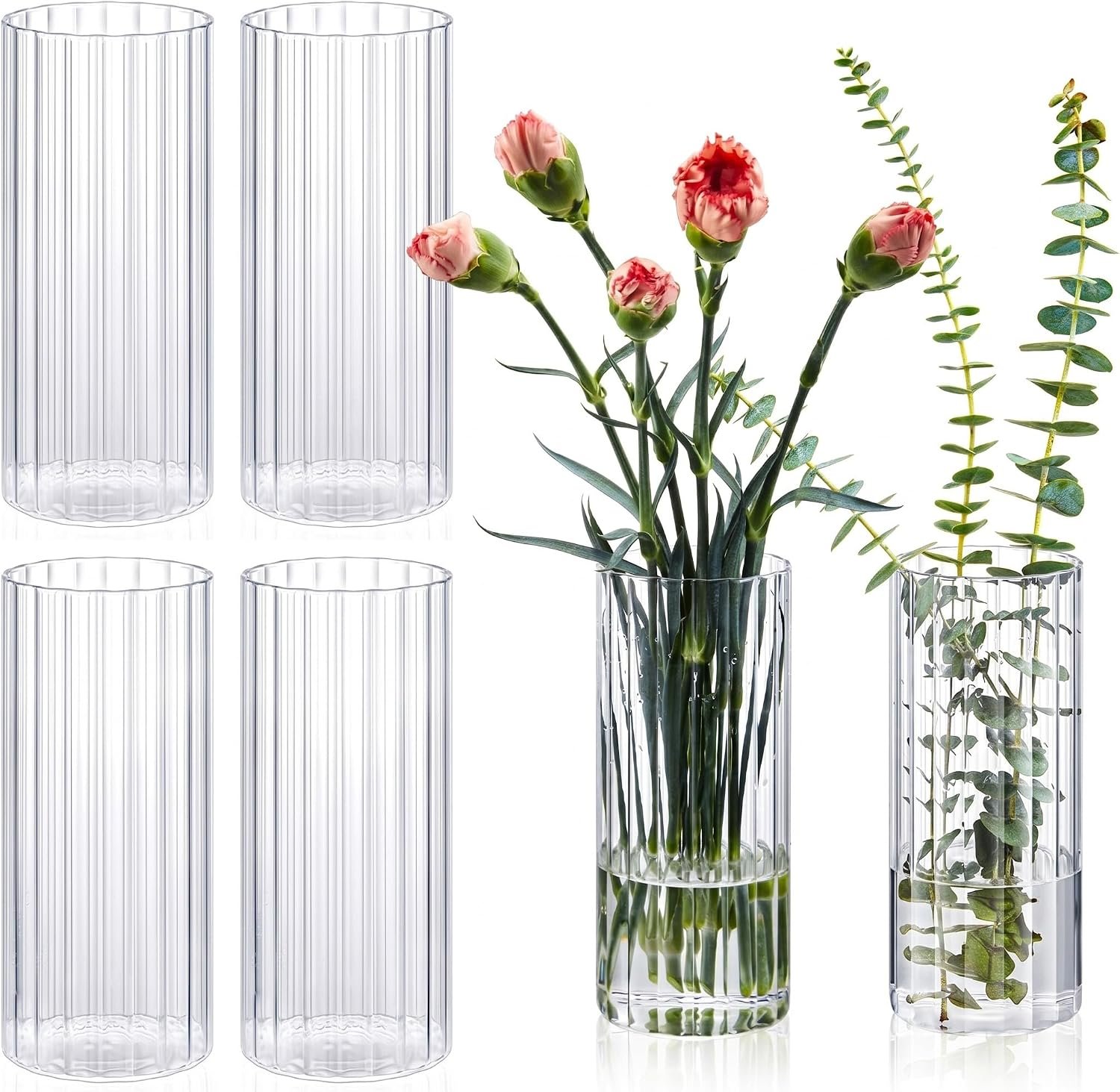 6 Pack 8 Inch Tall Ribbed Glass Cylinder Vases Bulk, Clear