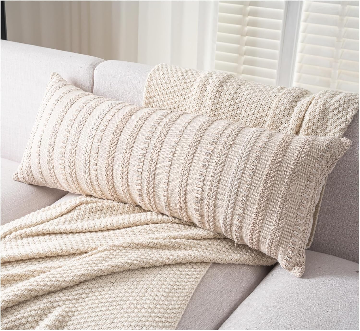 Cethom Boho Lumbar Pillow Covers 14×36 Long, Farmhouse Decorative Couch Pillow Cases, Beige Accent Pillows of Bed, Sofa Bedroom Living Room Home Decor Cushion Cover, Pack of 1