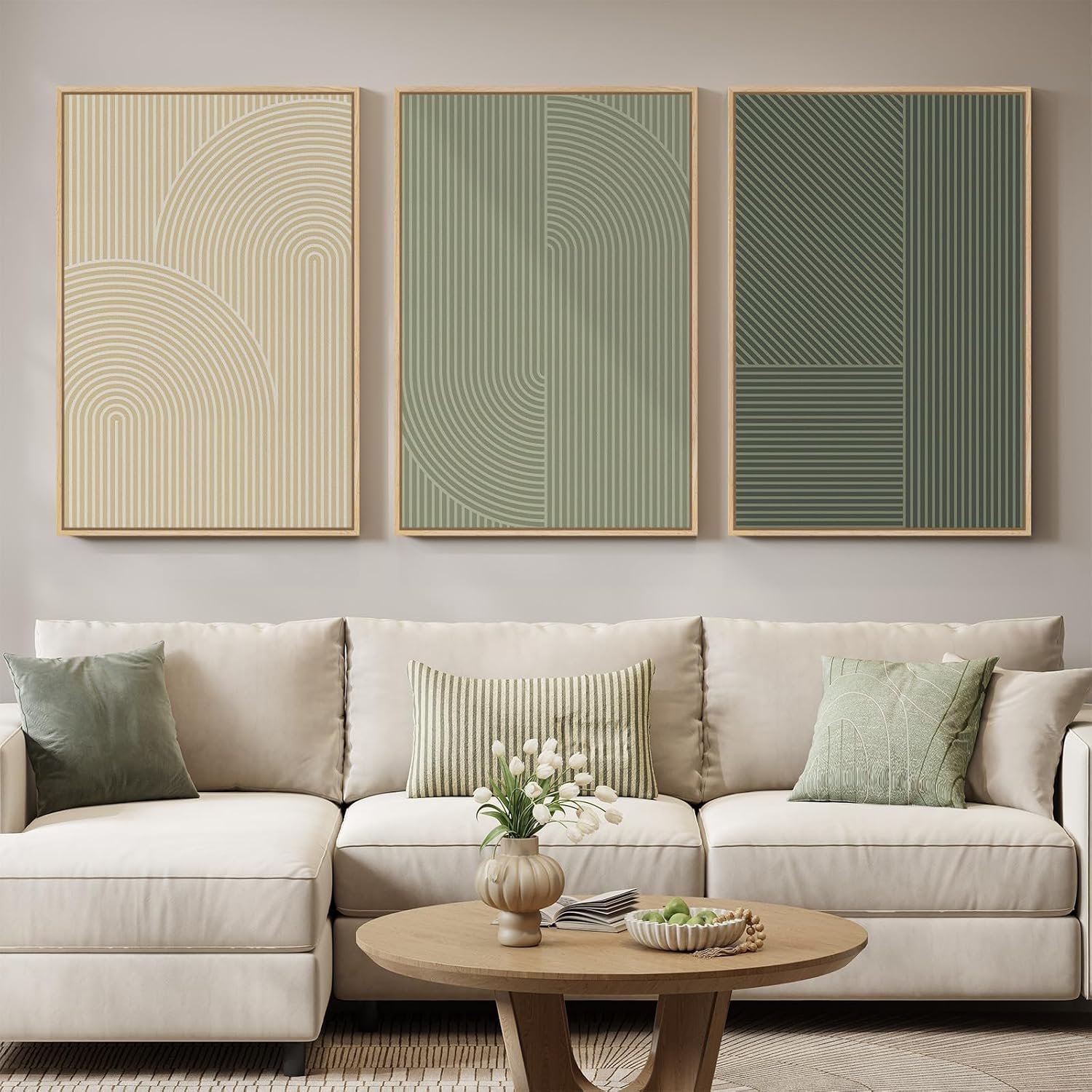 Large Framed Green Neutral Beige Abstract Wall Art for Living Room, 24×36