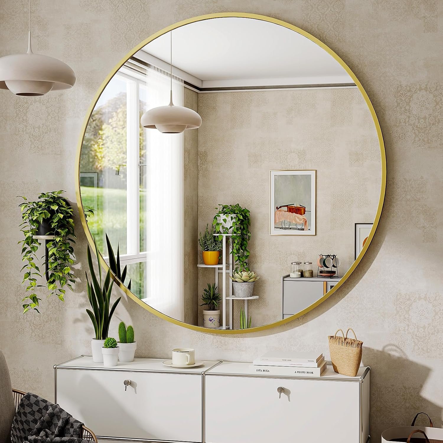BEAUTYPEAK 24 Inch Round Mirror, Metal Frame Circle Mirror, Gold