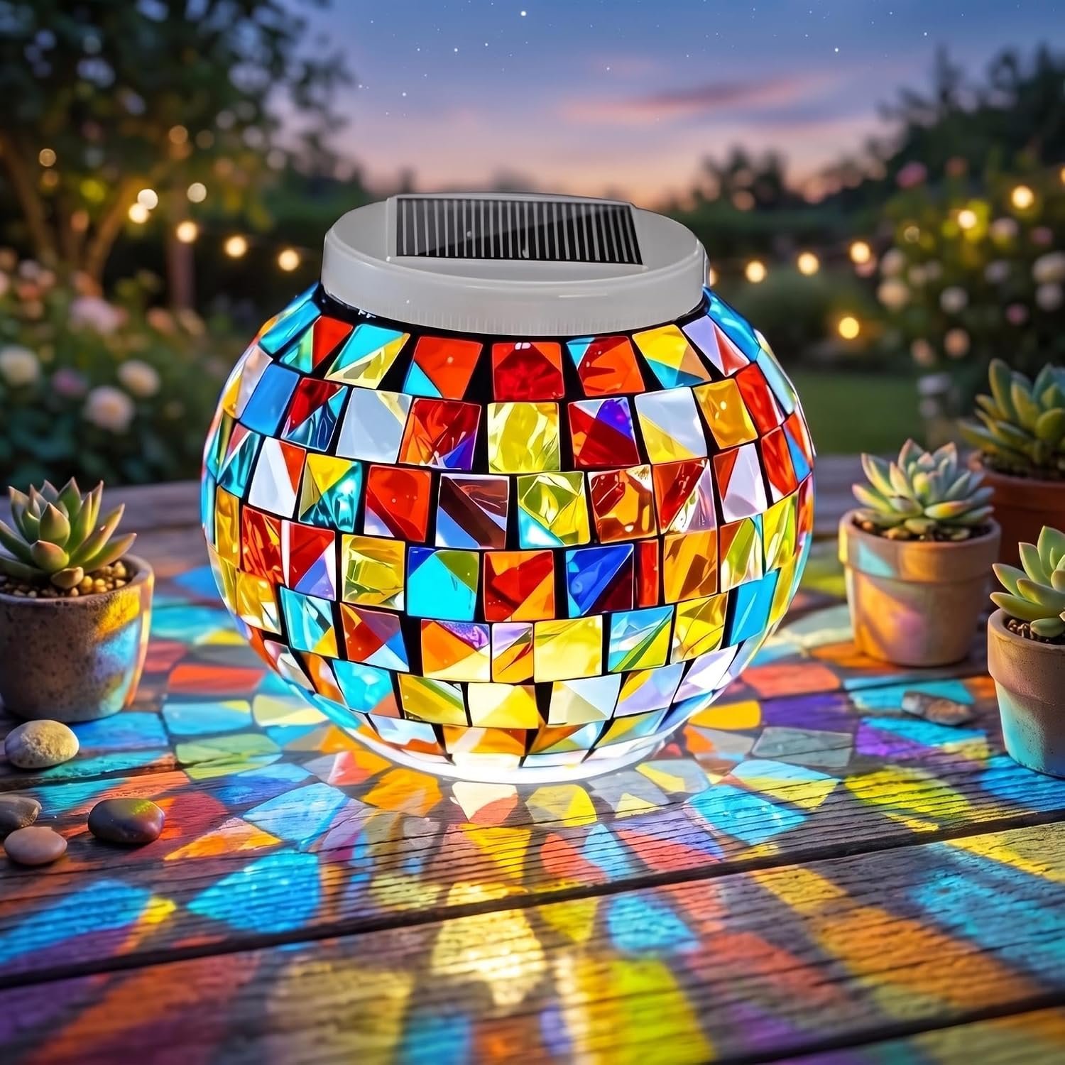Aukora Solar Table Lights Outdoor,Color Changing Glass Mosaic Garden Light