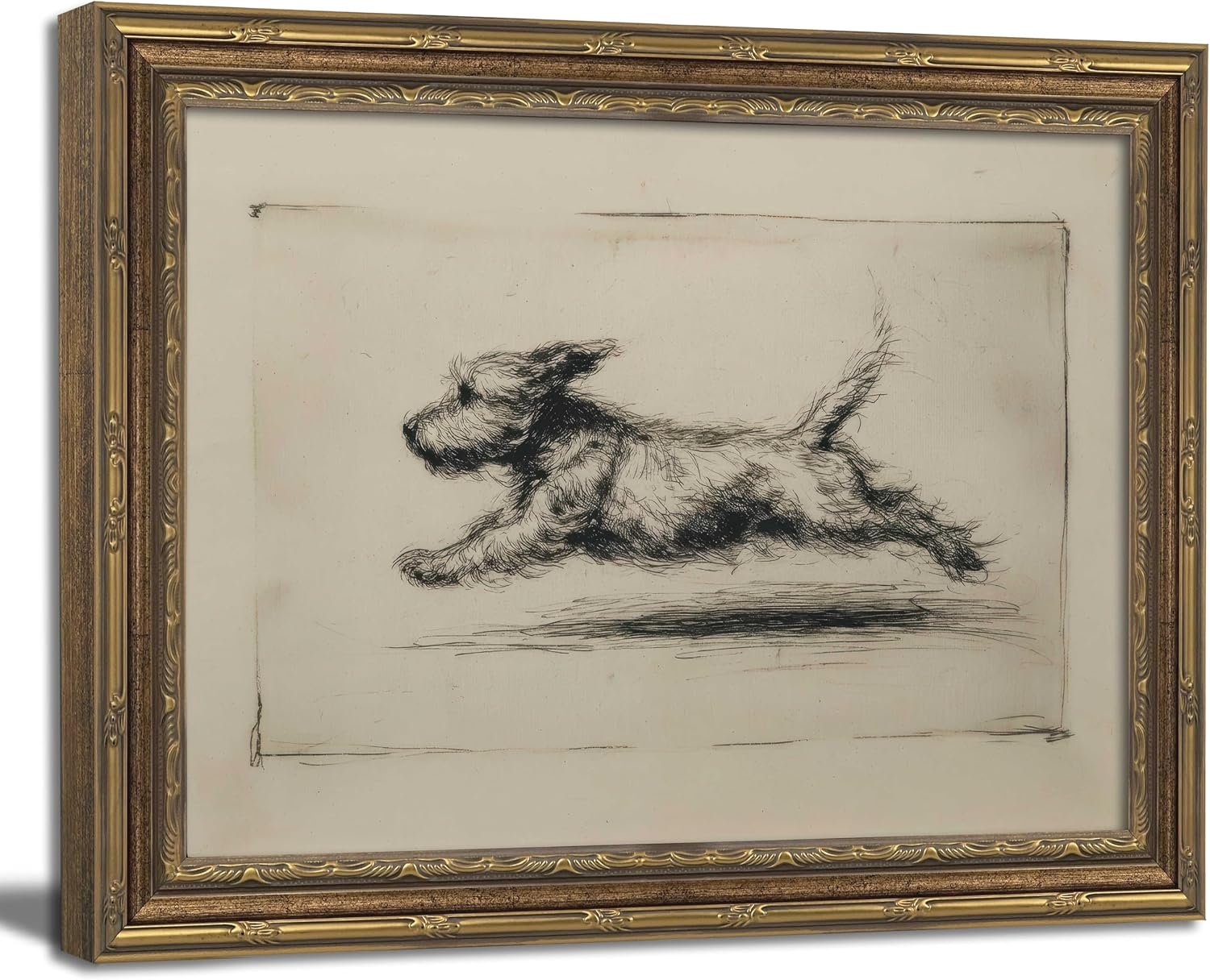 Vintage Gold Framed Wall Art Antique Terrier Sketch Wall Art Running Dog Wall Decor Picture Classic Minimalist Line Dog Poster Print for Living Room Bedroom 9x11in