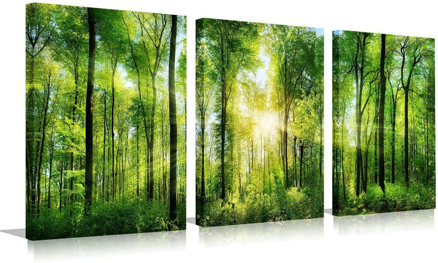 Forest Art Canvas Wall Decor: 3 Panel Nature Wall Art Landscape Paintings Framed Trees Green Pictures Sunrise Scenery Wall Decor for Living Room Bedroom Office Bathroom 12 x 16 Inch