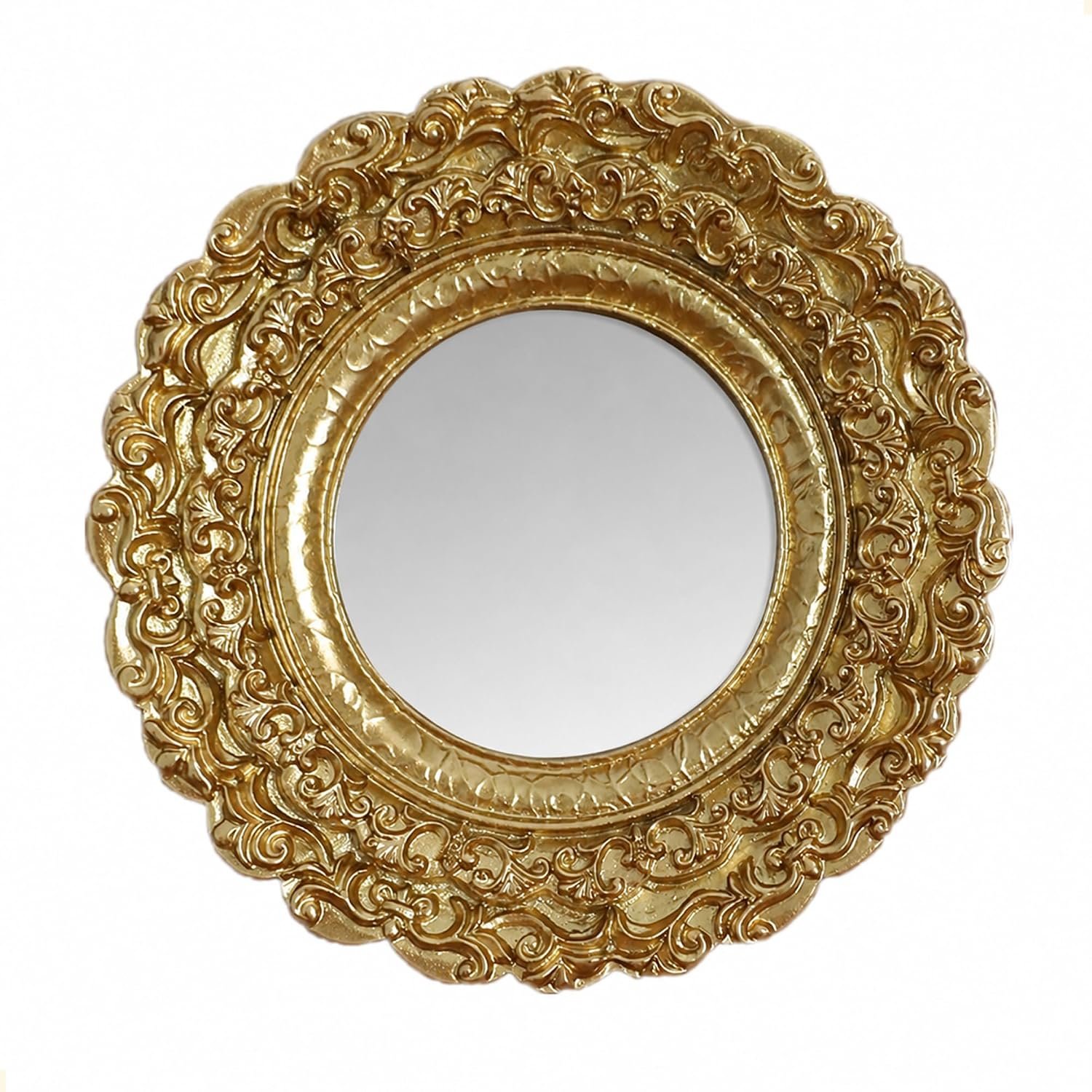 Golden Mini Vintage Mirror with Exquisite Relief Elegant Wall Decor for Bedroom Dresser Table Compact Resin Retro Design (Gold Round, 5X5)