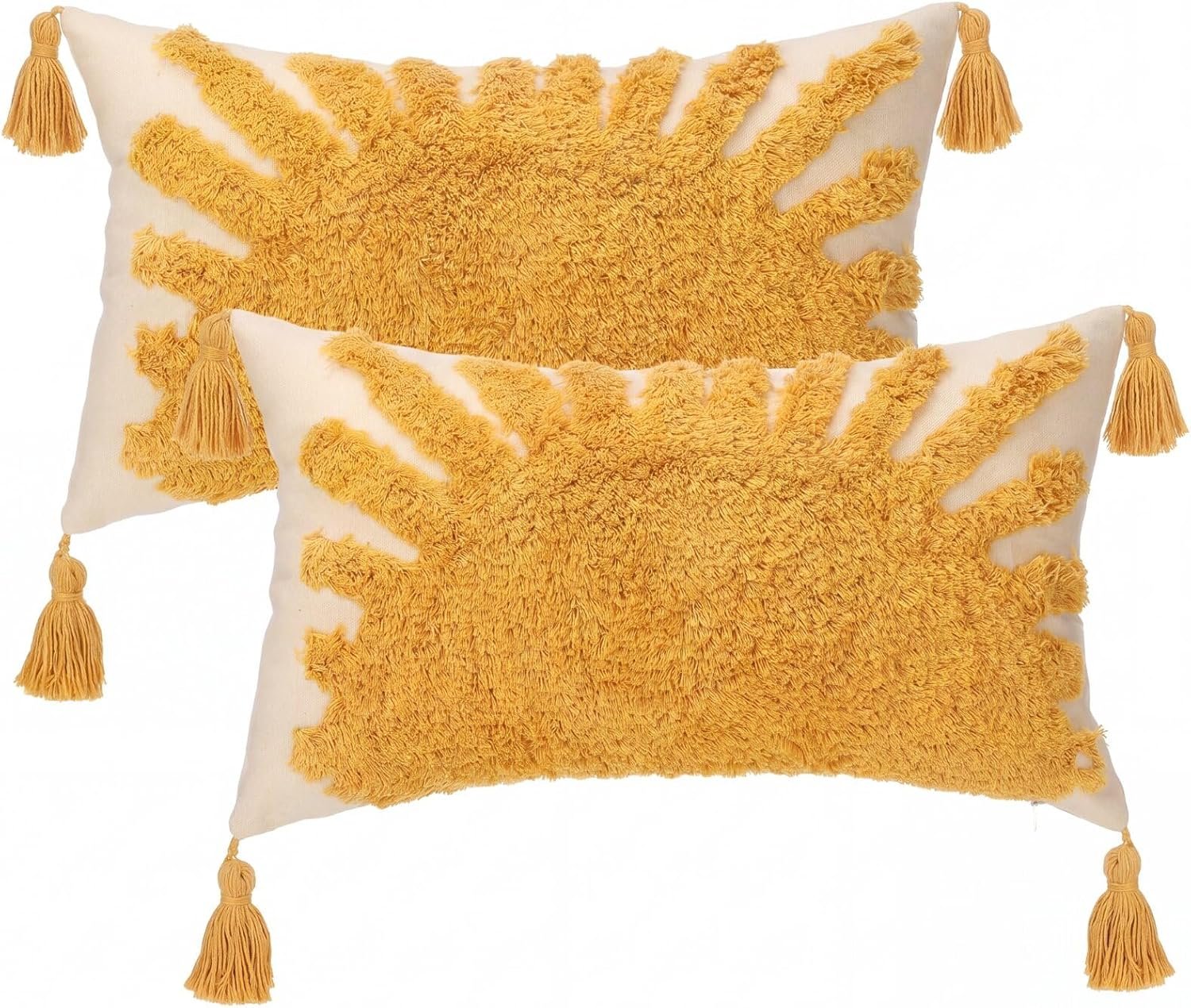 2 Pcs Boho Velvet Pillow Covers with Tassels 12 x 20 Inch 3D Tufted Sun Embroidery Sunshine Decorative Throw Cushion Case for Bedroom Sofa Living Room Couch Rustic Farmhouse Home Decor