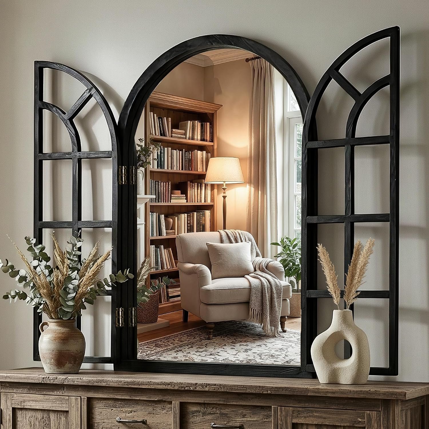 Arched Rustic Farmhouse Wood Mirror for Wall, 24″ x 36″, Black