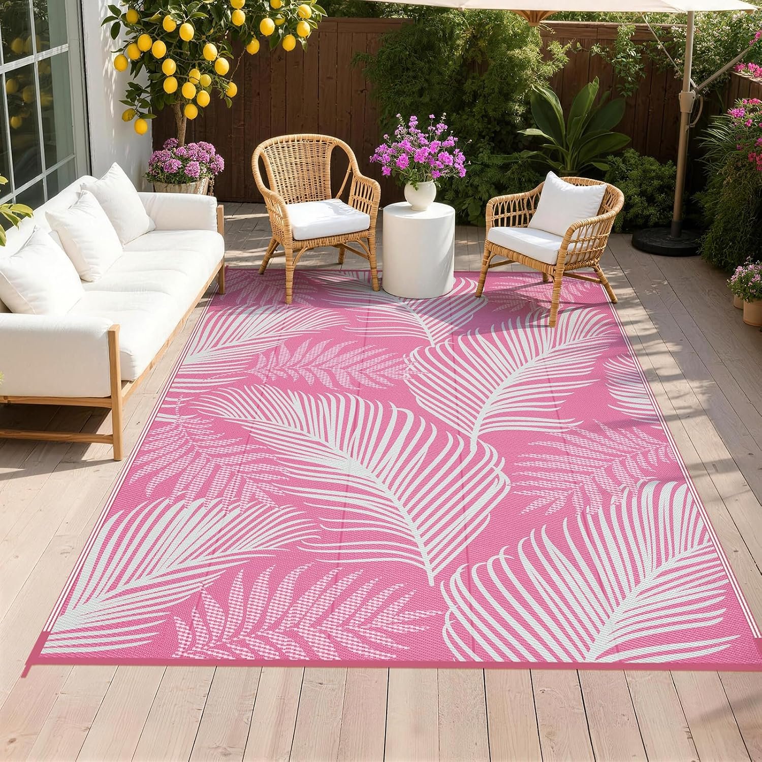 Pauwer Waterproof Outdoor Rug 6×9, Plastic Straw Patio Rug, Leaf Pink