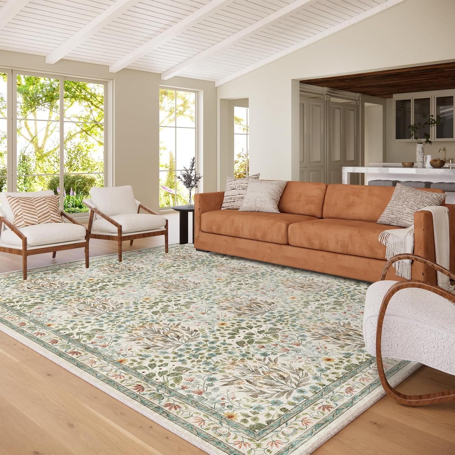 Washable Area Rug 8×10 – Vintage Floral Living Room Rug for Dining Room (Under Table), Bedroom – Stain Resistant, Soft Low Pile, Non-Slip Large Carpet