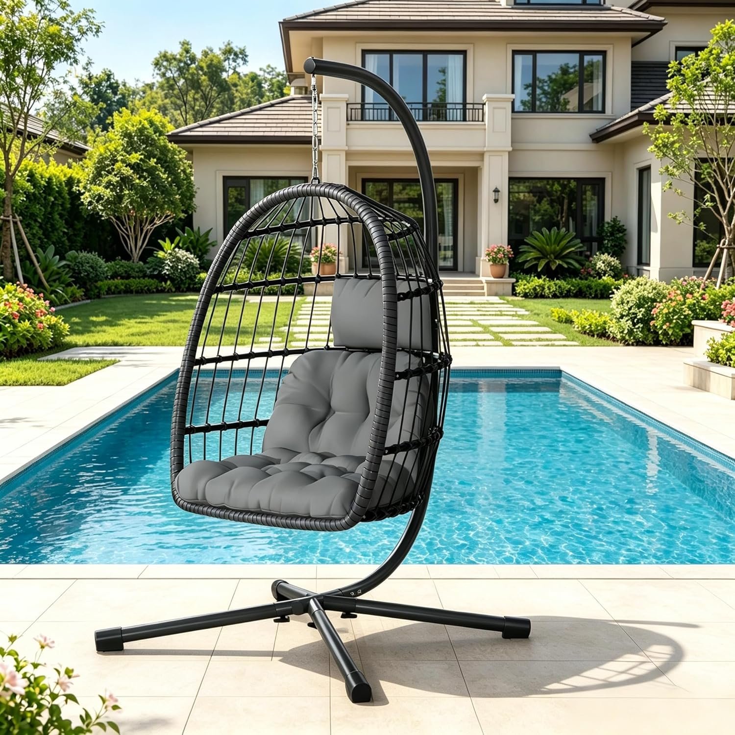 LEVELEVE Hanging Egg Chair with Stand, Patio Rattan Wicker Swing Chair, Oversized Hammock Seat for Bedroom Porch Garden, Thickened Steel Frame & UV Resistant Cushion, 350LBS Capacity(Dark Grey)