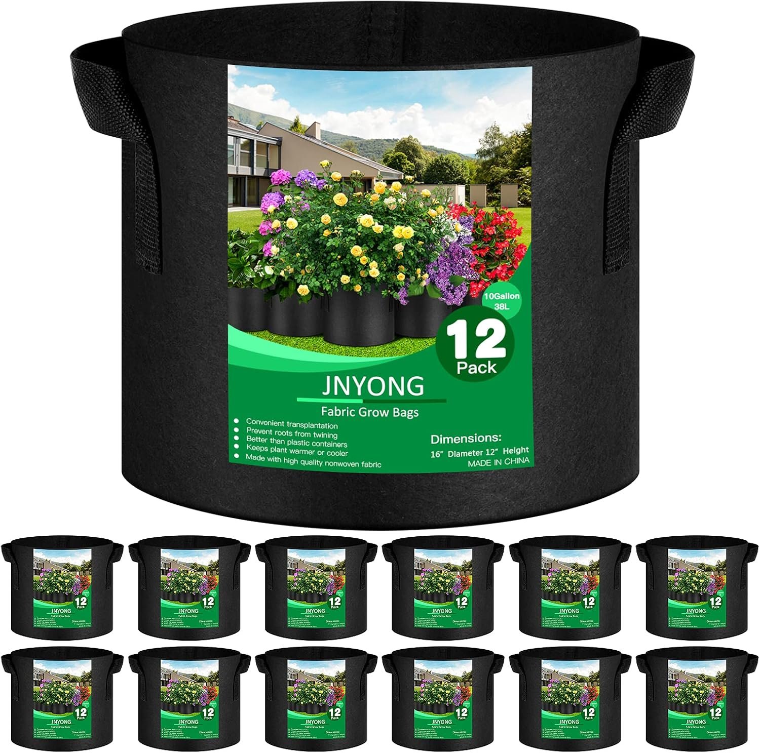 JNYONG 12-Pack 10 Gallon Thickened Non-Woven Grow Bags