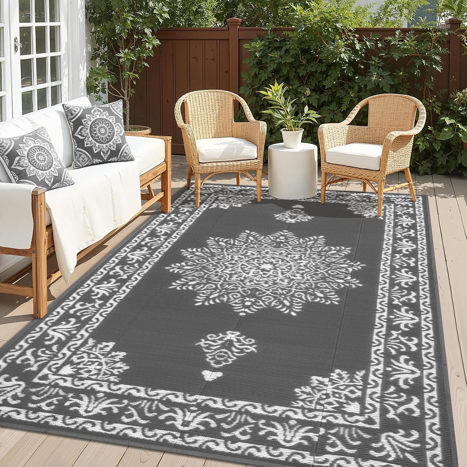 Yamaziot 5x8Ft Outdoor Rug Waterproof Plastic Straw Patio Rug, Dark Gray