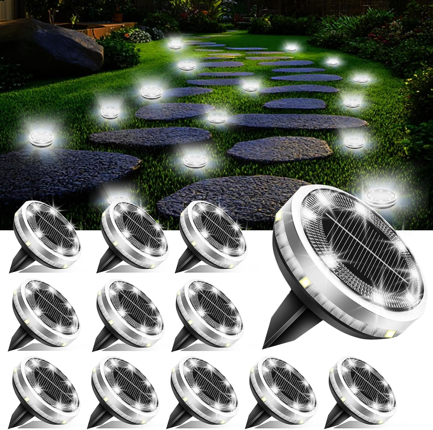 SenLuKit 12 Pack Outdoor Solar Ground Lights with 4 Side Light（Cool White）