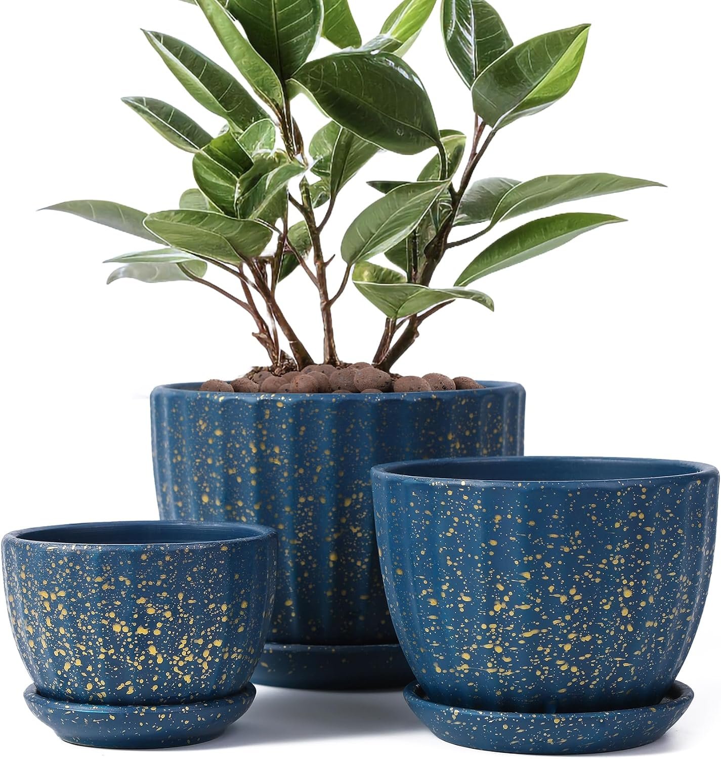 Ceramic Plant Pots with Saucers, Round Blue Flower Pots for Indoor Plant