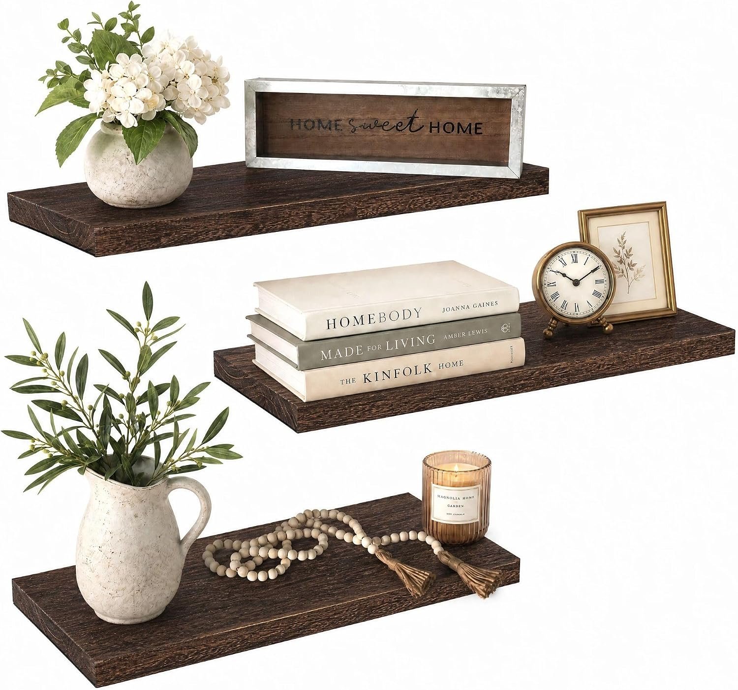 16″ Solid Wood Floating Shelves, Rustic Brown, Set of 3