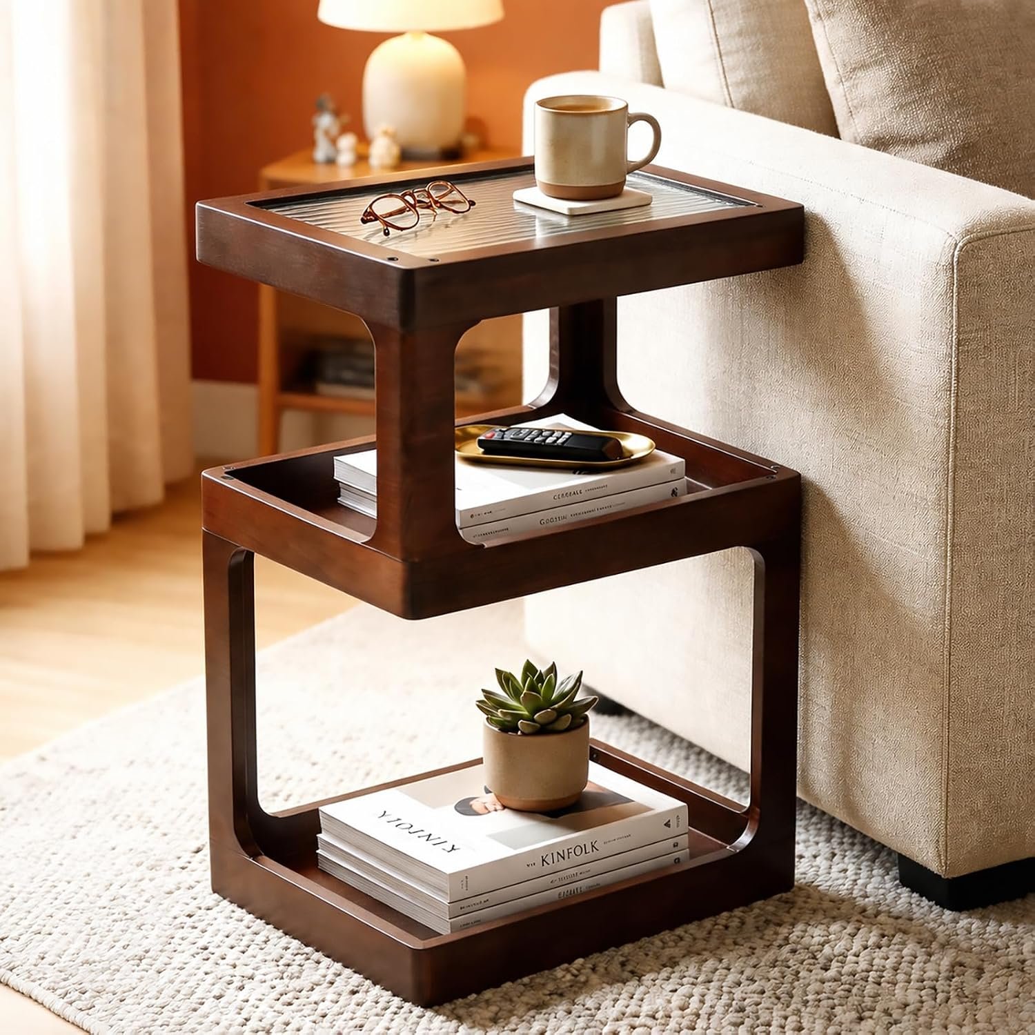 Solid Wood Side Table, 3 Tier Small End Table, Brown Accent Table