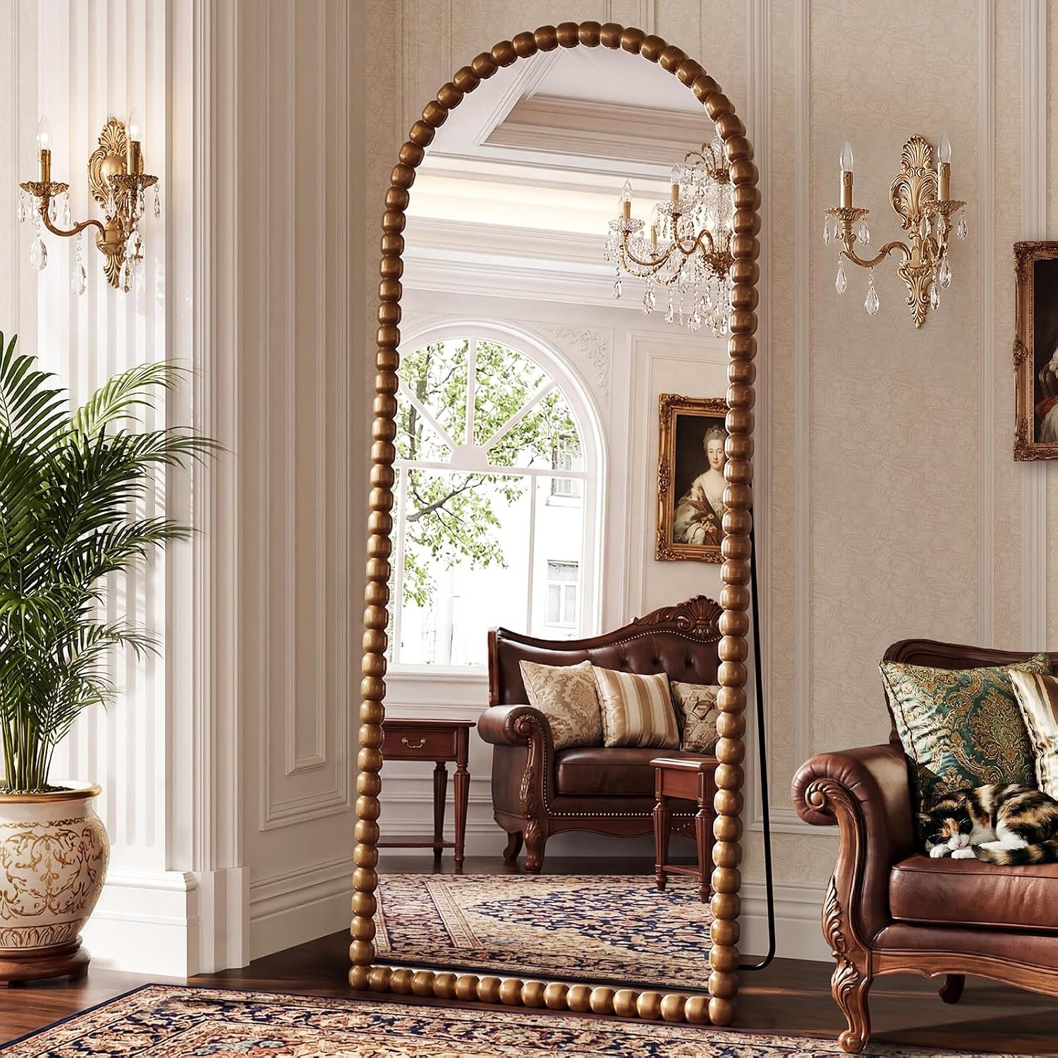 Antique Brown Full Length Mirror 71×28 Inch, Beaded Standing Mirror
