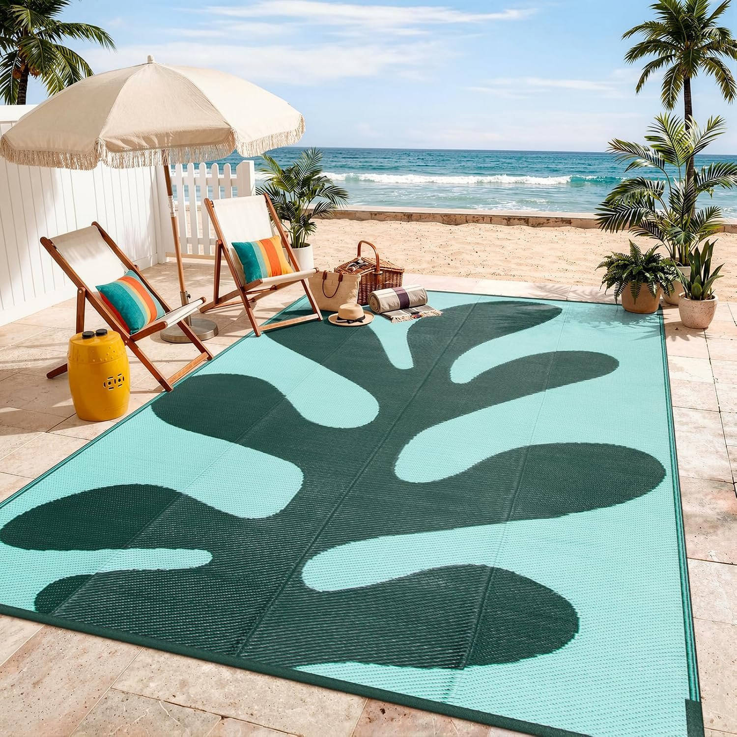 Lahome Green Outdoor Rug 8×10 Waterproof, Coral Sea Funky Pool Rv Rugs