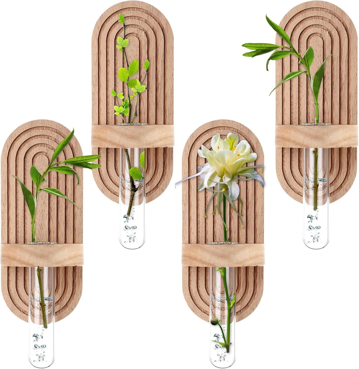 Beeveer 4 Sets Hanging Plant Propagation Stations Walnut Wood Wall Mounted Test Tube Vase Rustic Decorative Glass Planter Holder Gift for Women Plant Lover Hydroponic Flowers Home and Office Decor