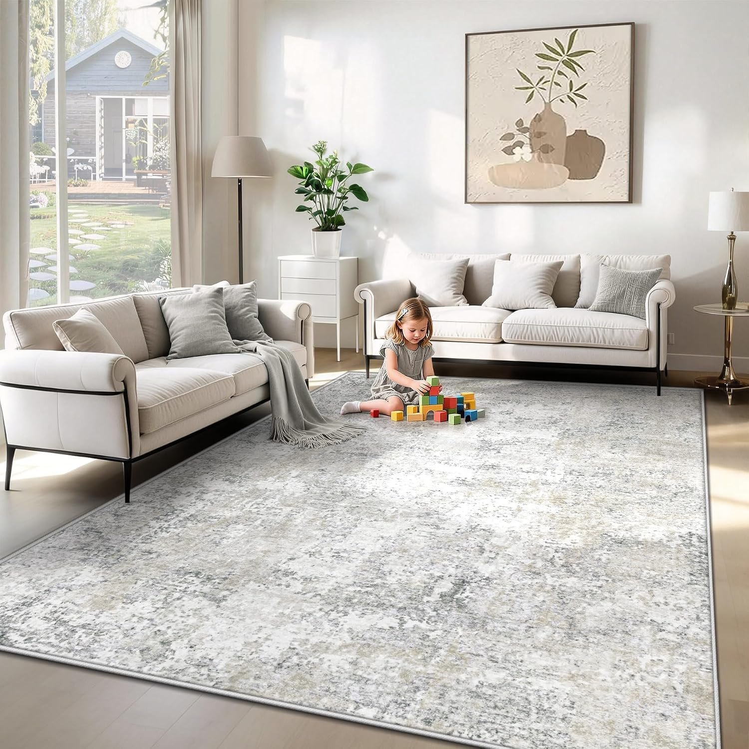 XLUEZ 6×9 Area Rugs for Living Room, Washable Modern Abstract Large Area Rug Neutral Soft Non Slip Kids Rug Stain Resistant Indoor Carpet for Bedroom Nursery Dining Room Playroom(BeigeGrey, 6’x9′)