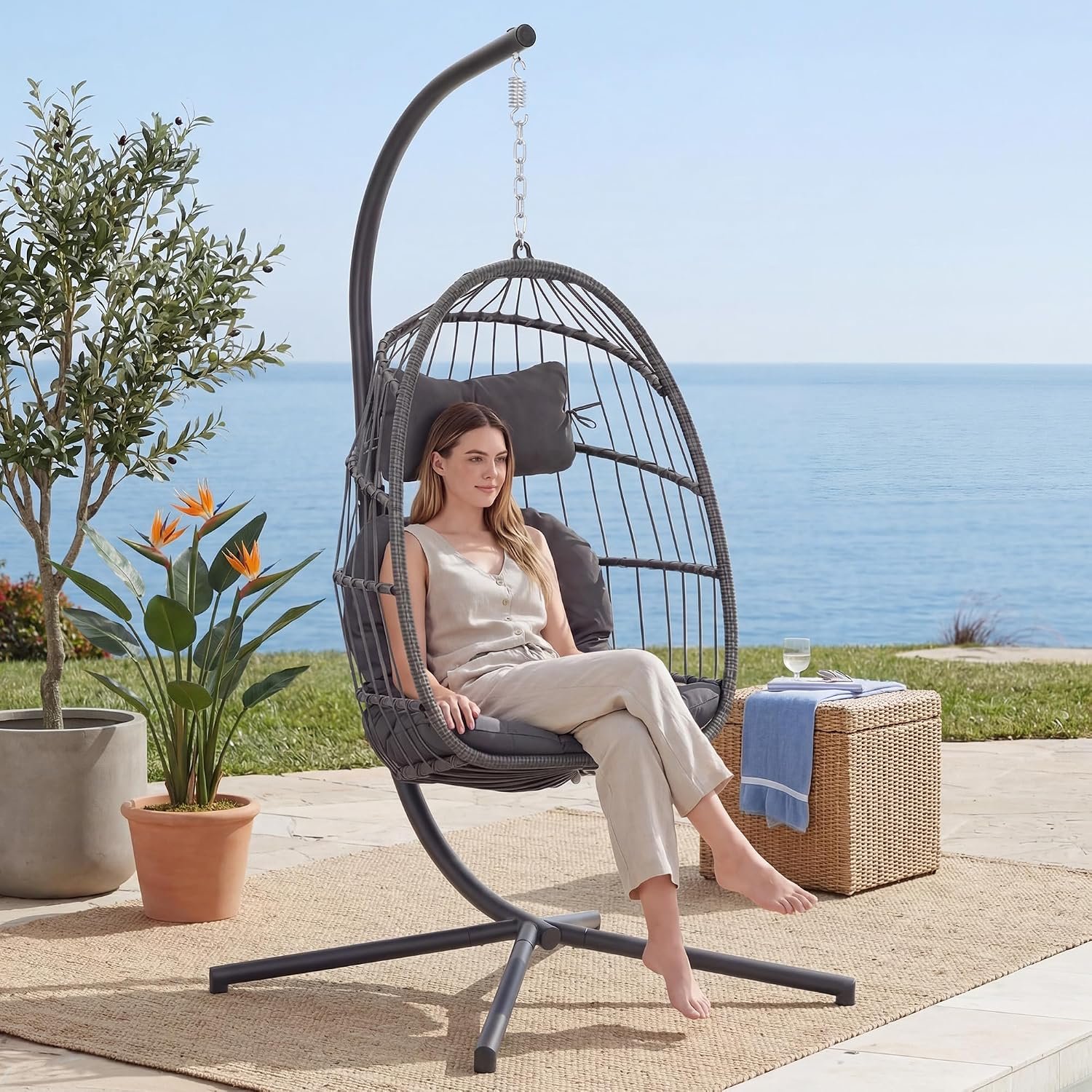 Yechen Indoor Outdoor Egg Hanging Chair with Stand, Charcoal Grey