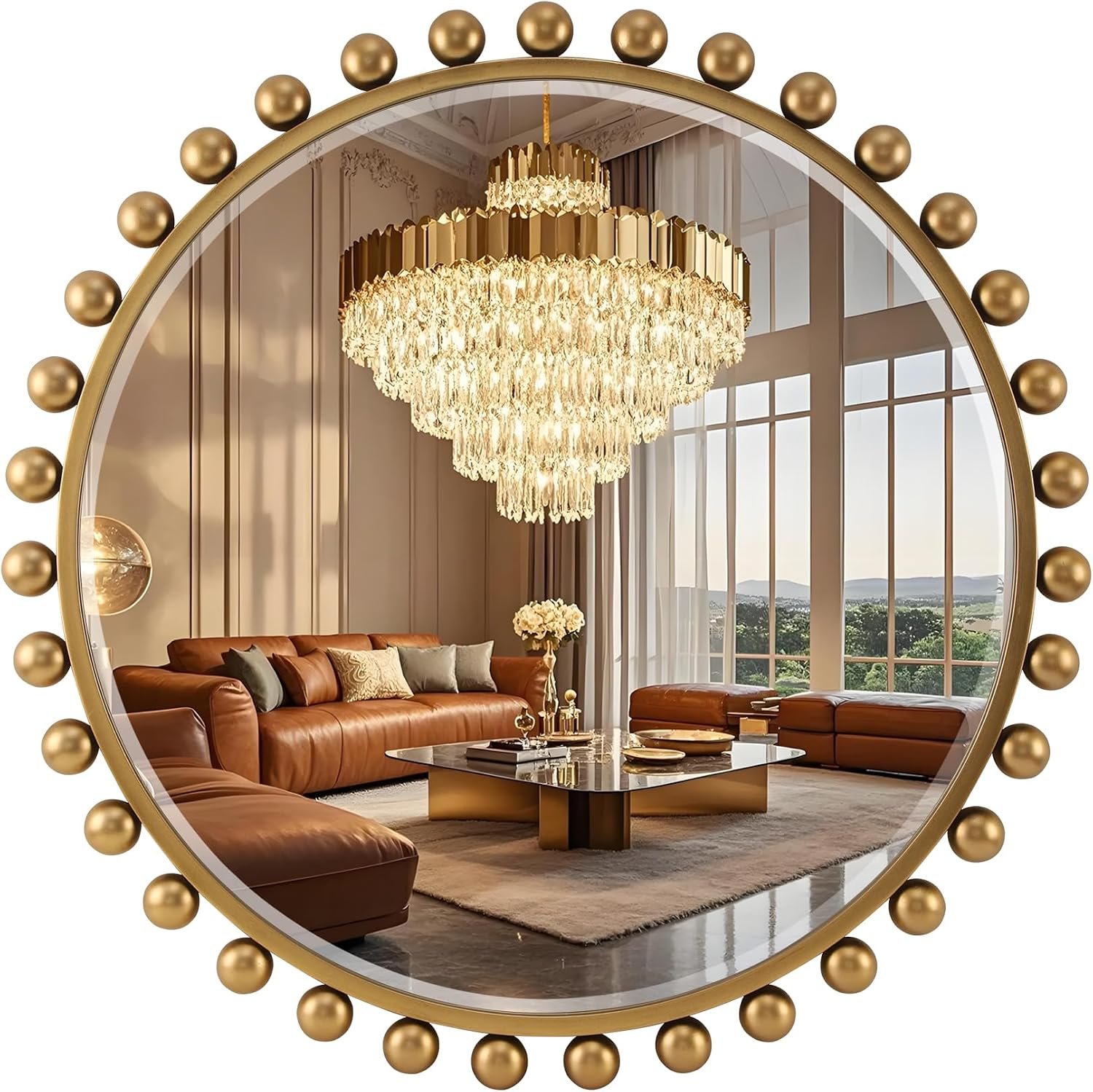 30 Inch Round Wall Mirror, Antique Gold Ball Frame, Beveled Glass
