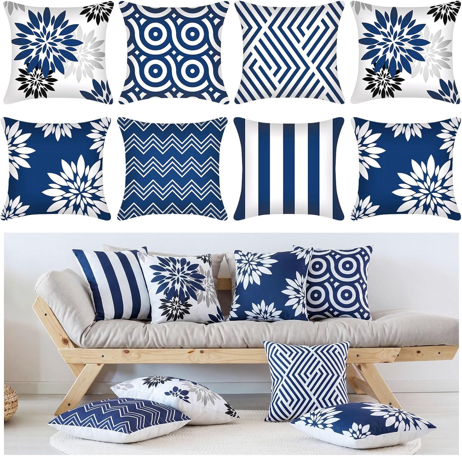 Moukeren Set of 8 Outdoor Throw Pillow Covers Waterproof 18×18 Inch Pillow Covers, Modern Navy Blue Geometric & Floral Patterns, Outdoor & Indoor Decorative Cushion Cover for Sofa Couch Patio Bedroom