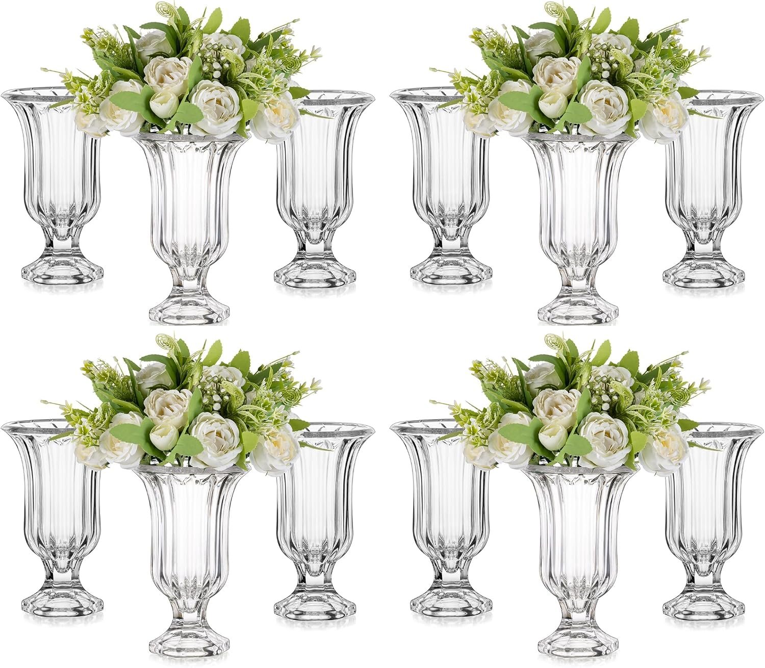 Glasseam Ribbed Glass Vase for Flowers, 7.5in Tall Vases for Centerpieces, Modern Crystal Clear Vase Set of 12, Decorative Flower Vases for Decor, Fluted Footed Urn for Wedding Dining Table Decoration
