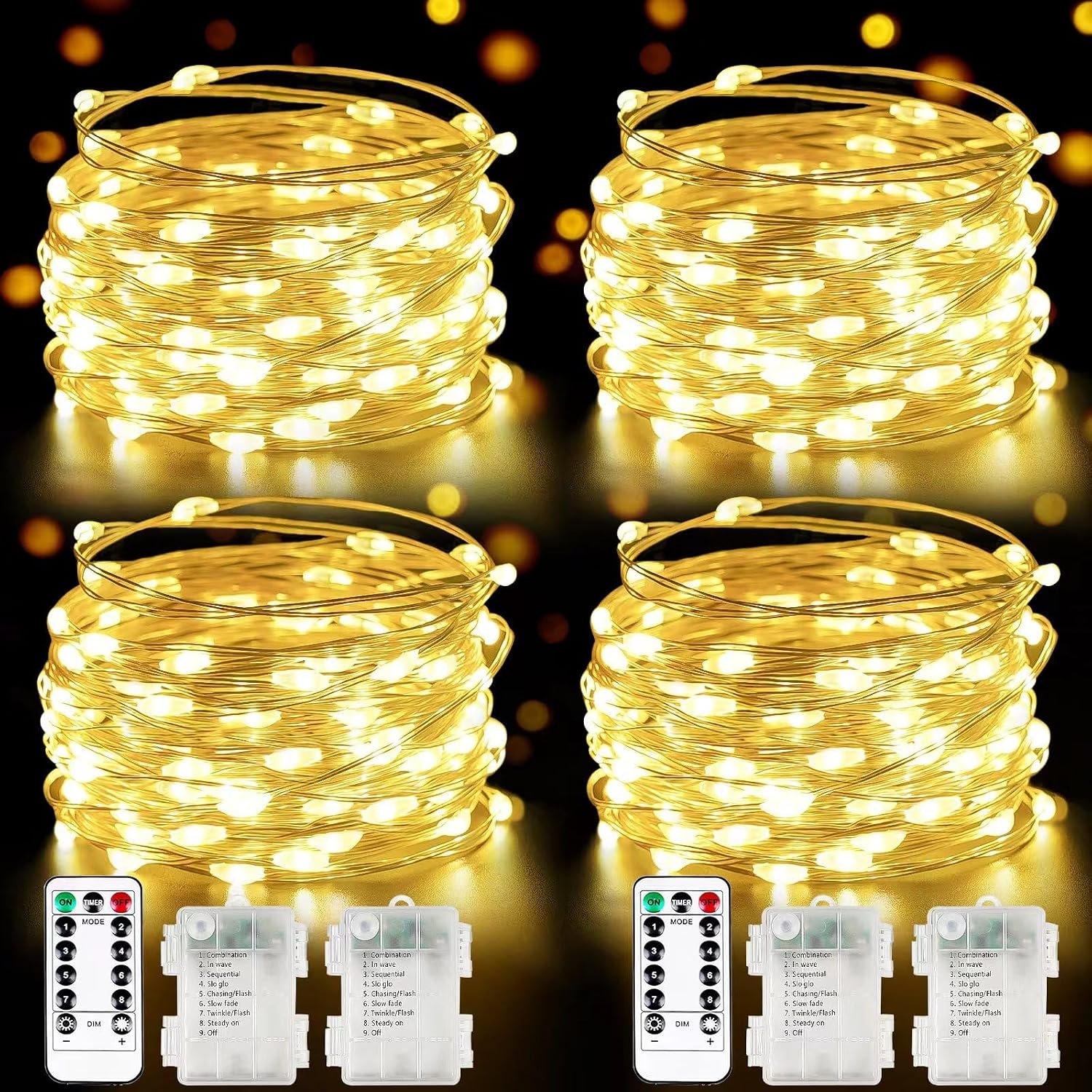 4 Pack Fairy Lights Battery Operated with Remote 33FT 100 LED Warm White
