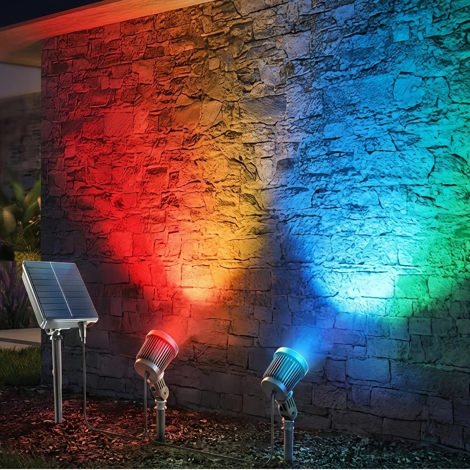 Solar Spotlights Outdoor, Color Changing Landscape Lights with App & Remote Control, Outside Spot Light for Yard, Lawn, Flags, House, Garden, Christmas Trees, New Year Decoration, 2 in 1