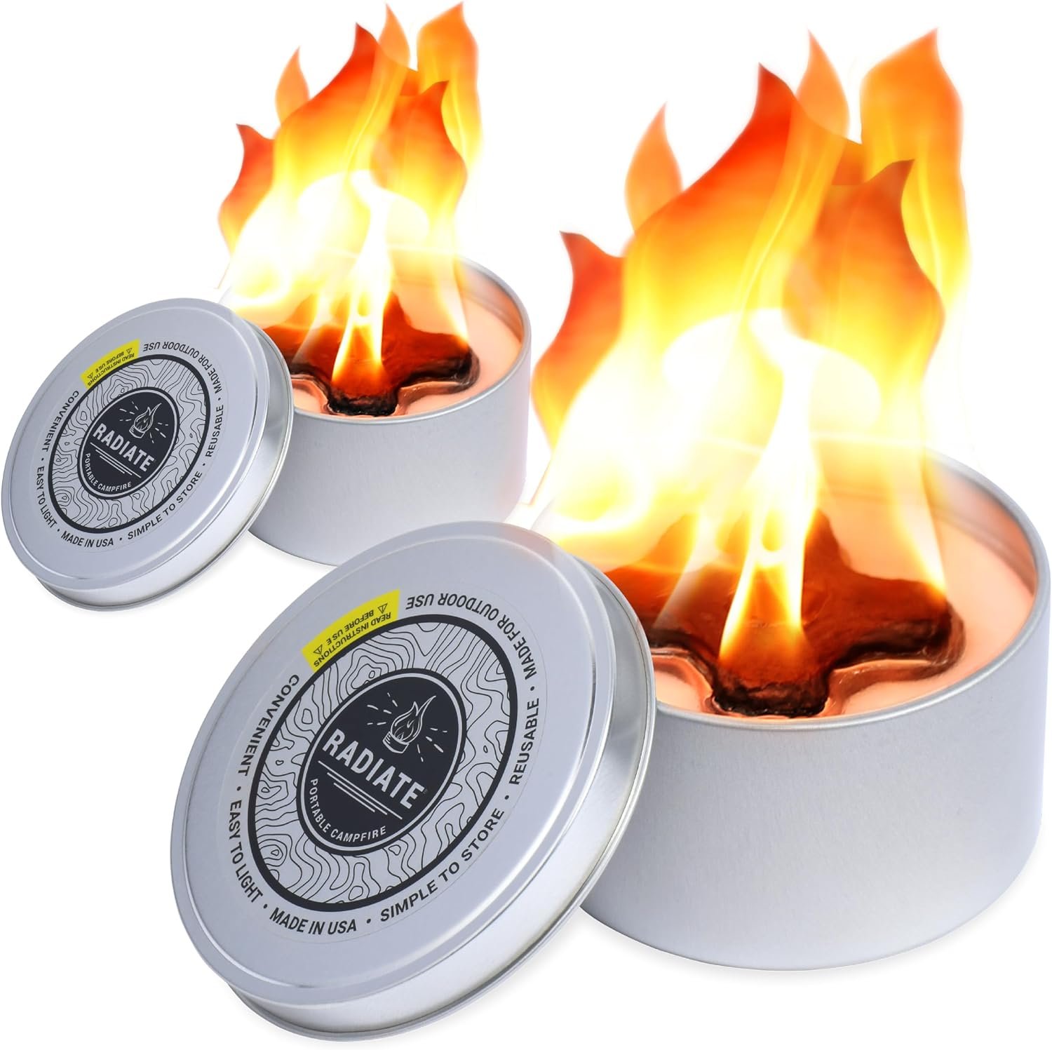 Radiate 2-Pack Portable Tabletop Firepit Campfire in a Can – 4″ White Modern – 2 Hours Warmth & Burn Time – Soy Wax Portable Fire – Lightweight Camping Fire & Safe Tabletop Firepit