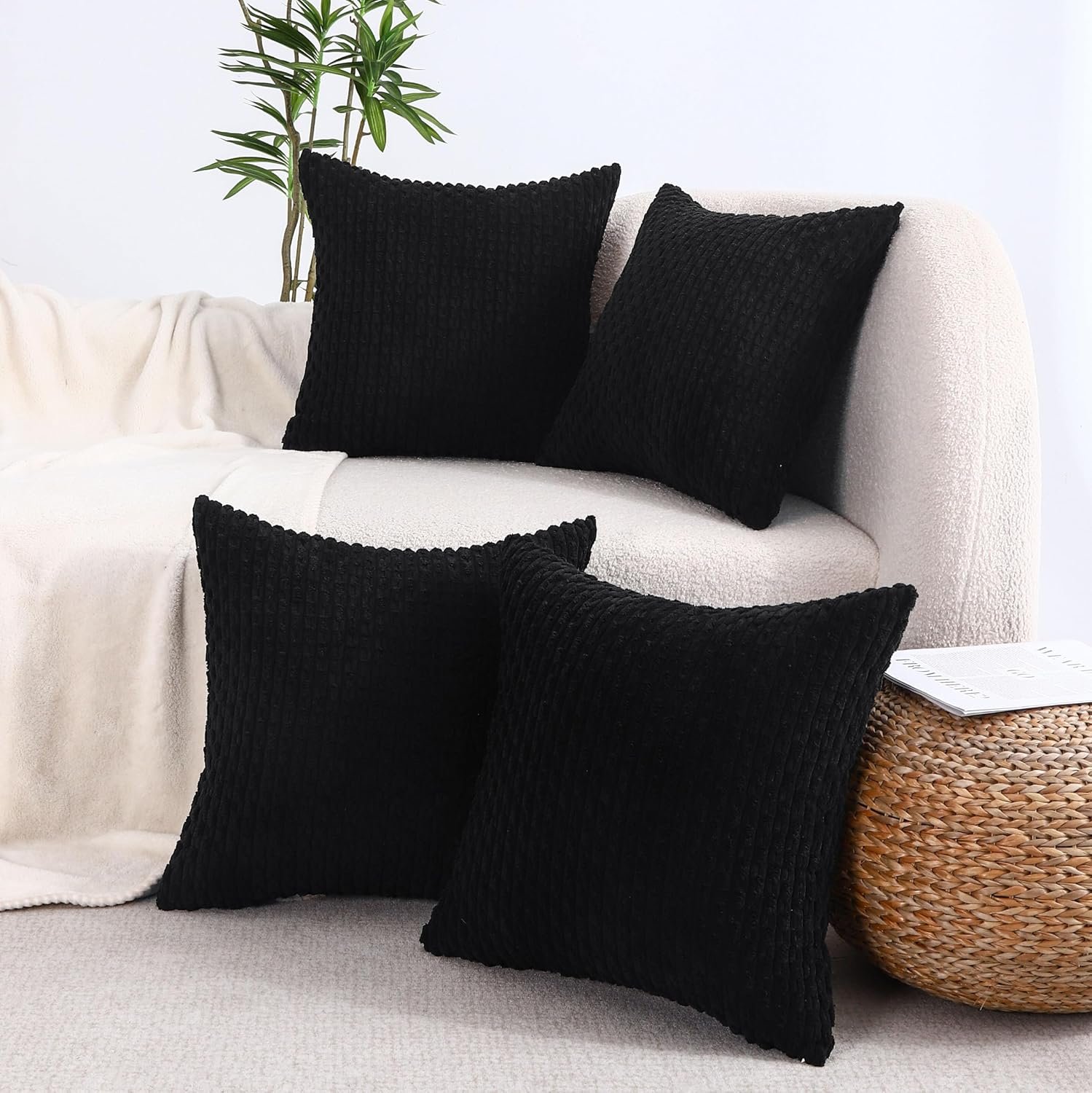 VAKADO Couch Black Decorative Throw Pillow Covers 18×18 Set of 4 Corduroy Neutral Home Living Room Farmhouse Rustic Cushion Case Decor Boho Square for Bed Sofa