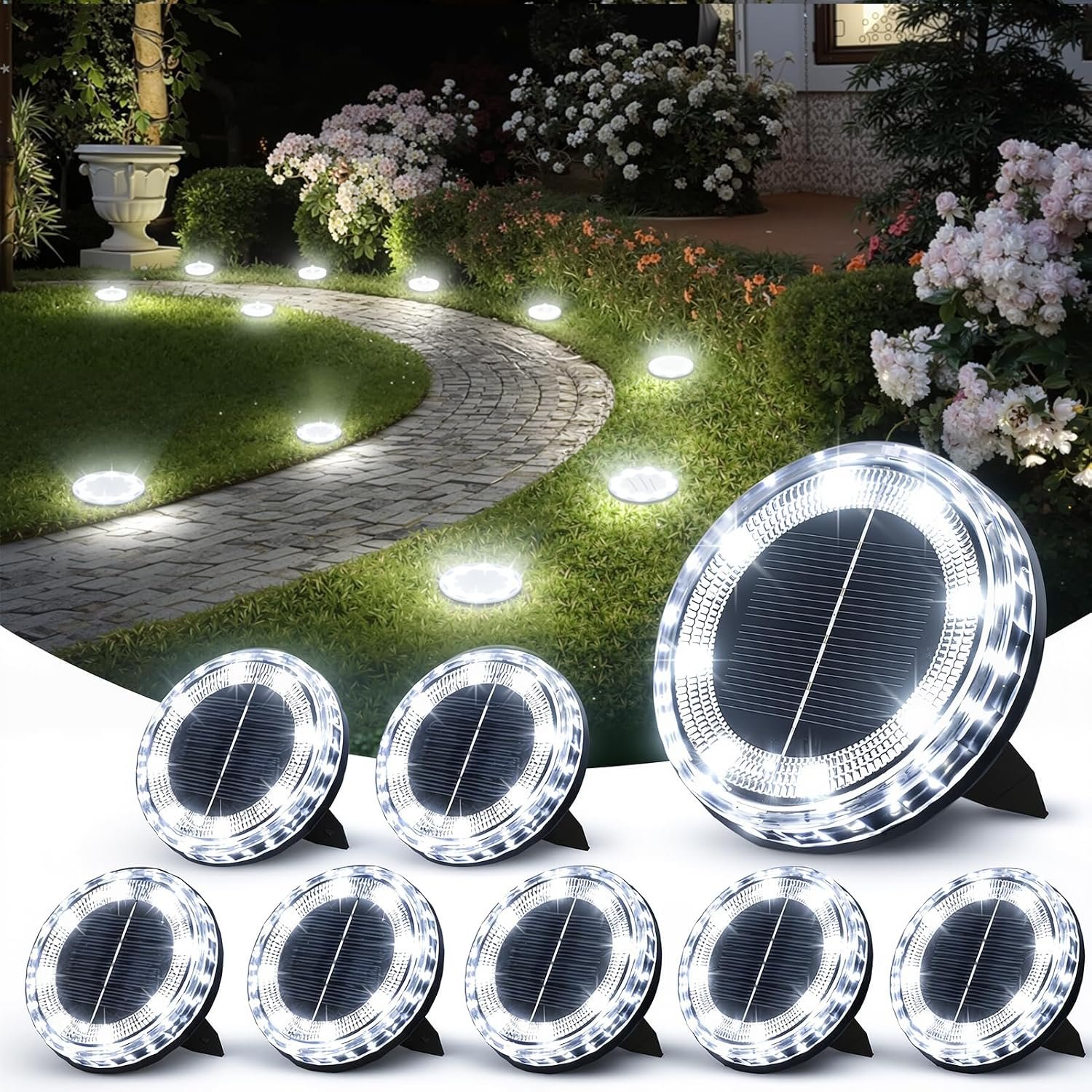 8 Pack Solar Ground Lights Outdoor Waterproof, 8 LED Flat Solar Lights