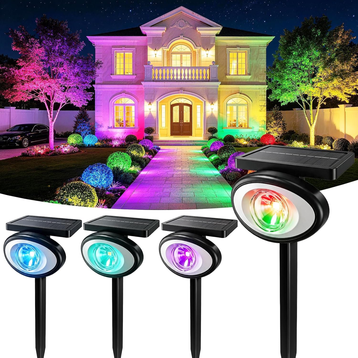 Solar Spot Lights Outdoor Waterproof, Multicolor 10Modes RGB Solar Tree Spotlight Bright Uplights for Halloween Christmas Decorations Outdoor,Landscape Lighting for Garden Yard Pathway(4Pack)