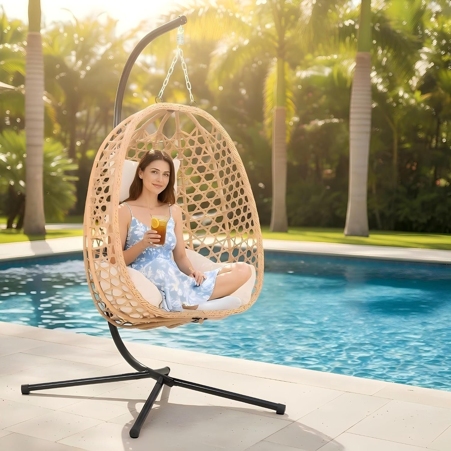 EortheX Hanging Swing Egg Chair with Stand, 350LBS Capacity, Cream