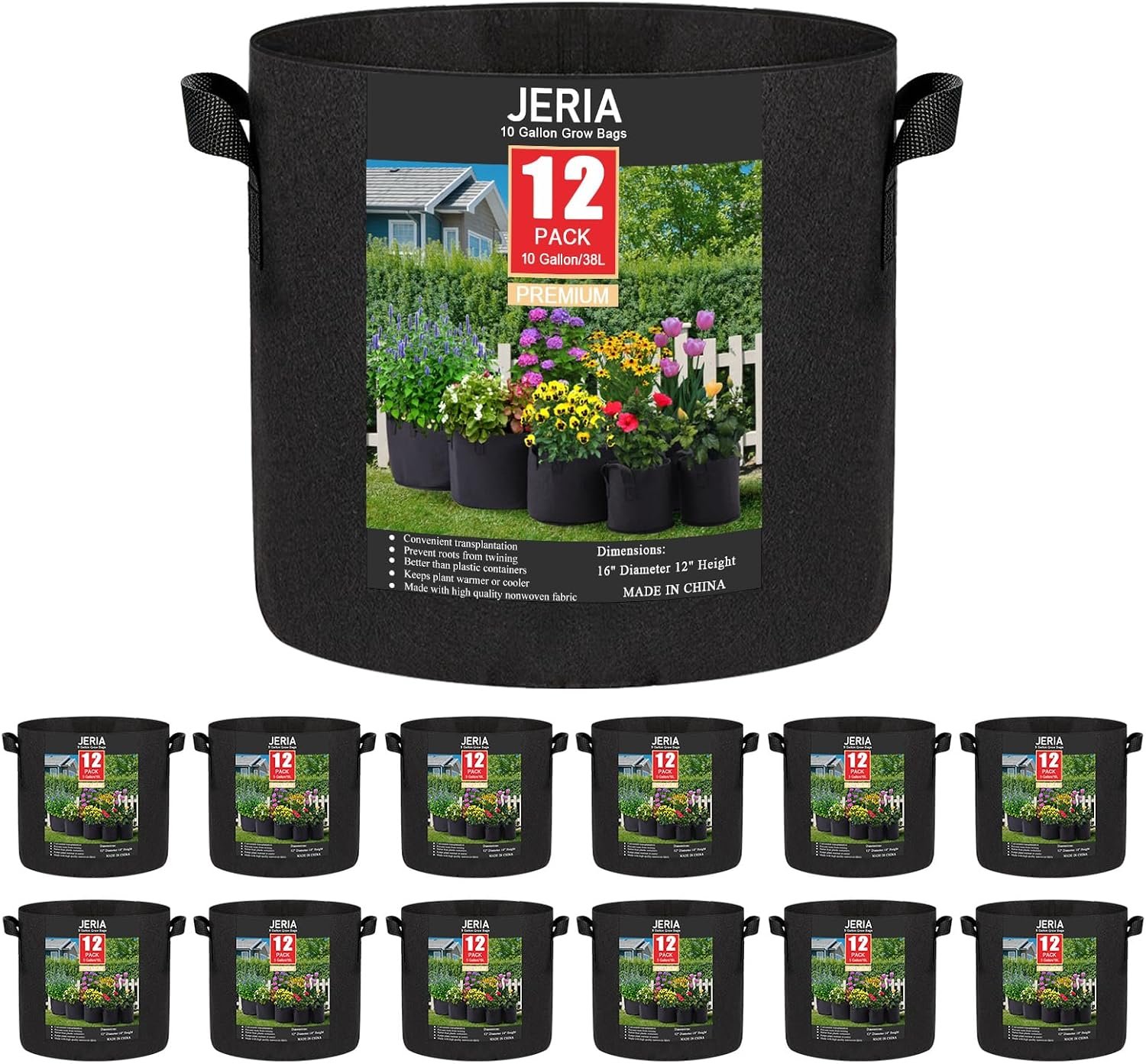 JERIA 12-Pack 10 Gallon Grow Bags, 300G Thickened Nonwoven Garden Pots,Heavy Duty Fabric Pots with Reinforced Handles