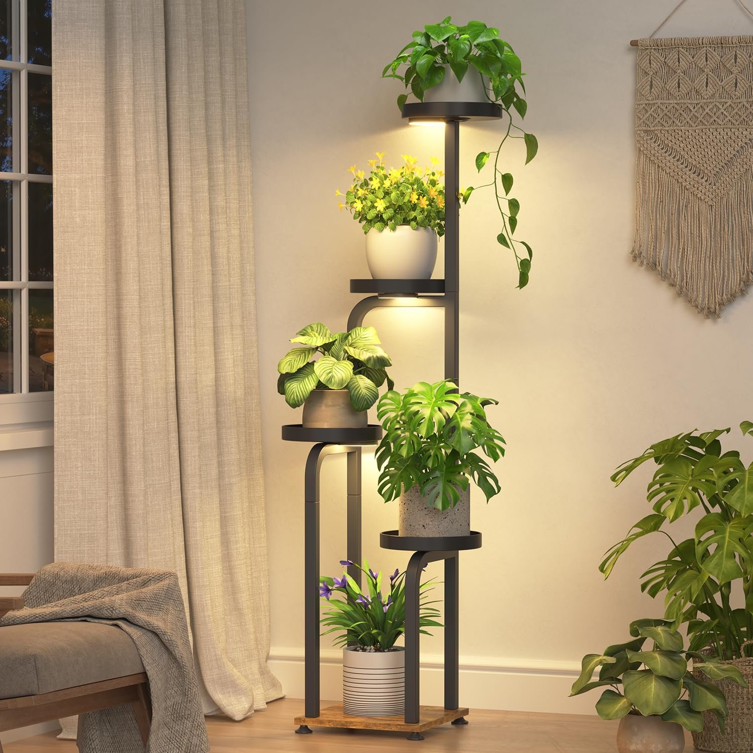 iDavosic.ly Tall Plant Stand Indoor with Grow Lights & Metal Trays, Brown