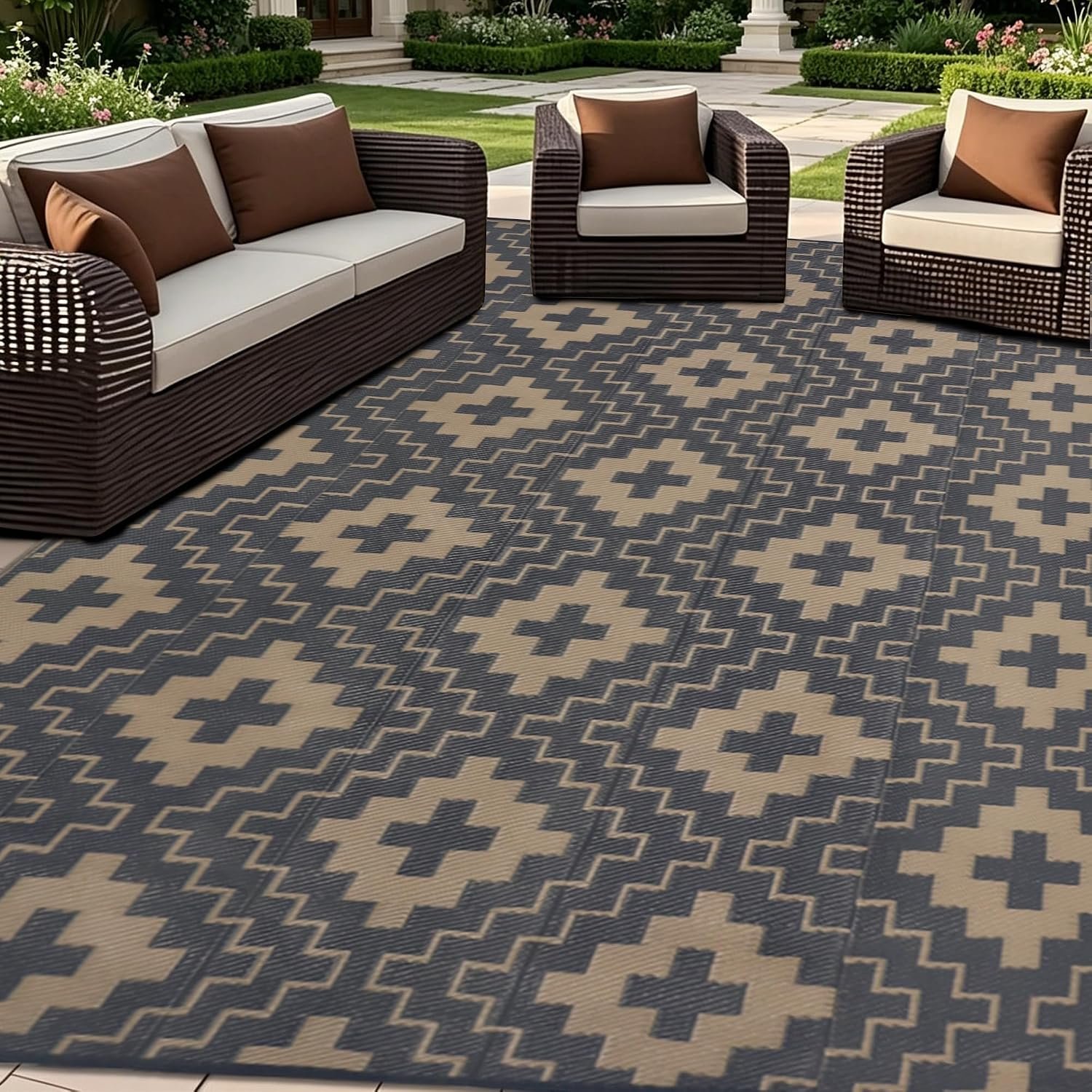 SAND MINE Waterproof Outdoor Rug 6×9 ft, Reversible Plastic Straw Area Rug, Large Floor Mat for Patio, Backyard, Deck, RV, Camping, Picnic, Beach, Balcony & Porch – Grey & Tan