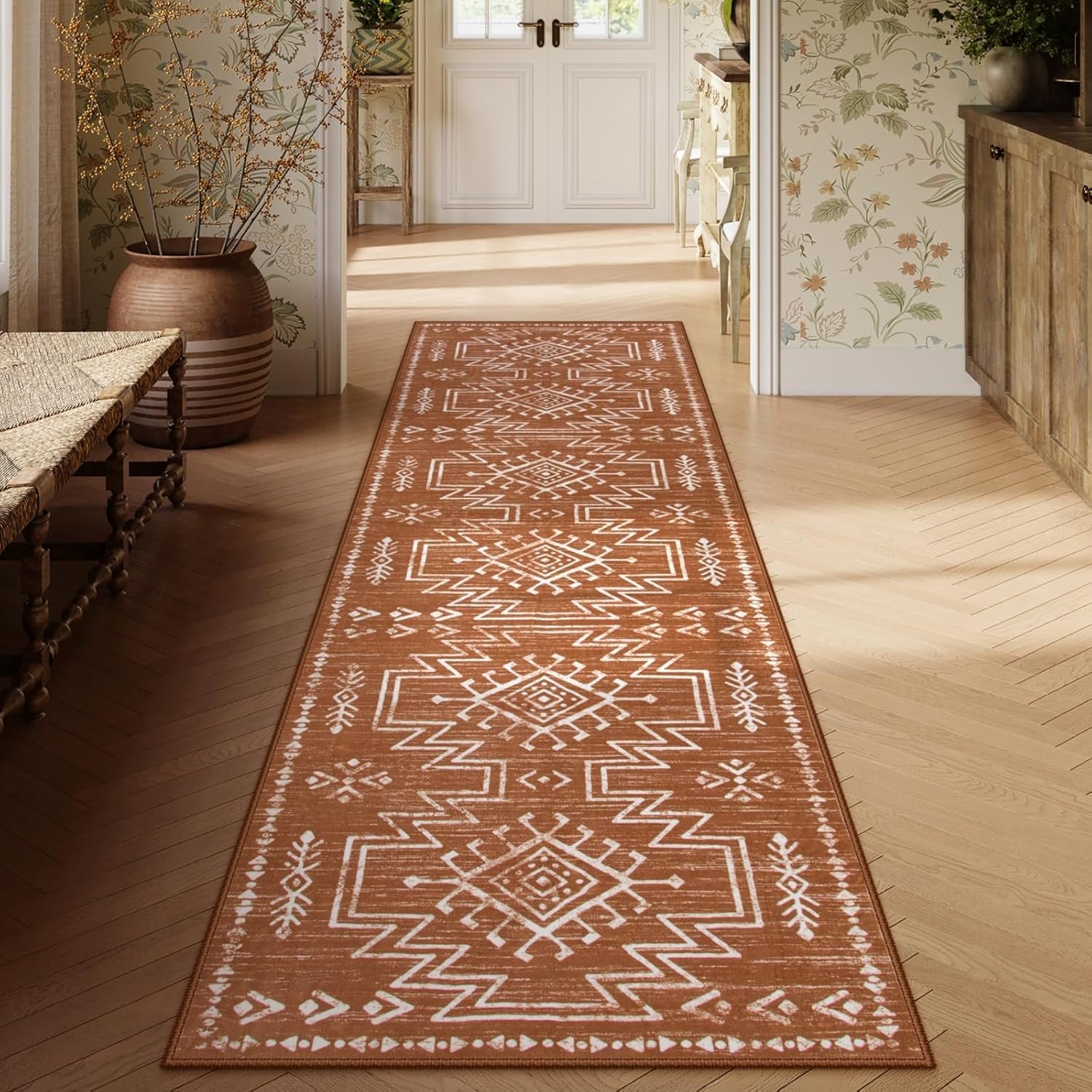 Lahome Orange Hallway Runner Rug, 2.5×8 Fall Washable Western Runner Rug