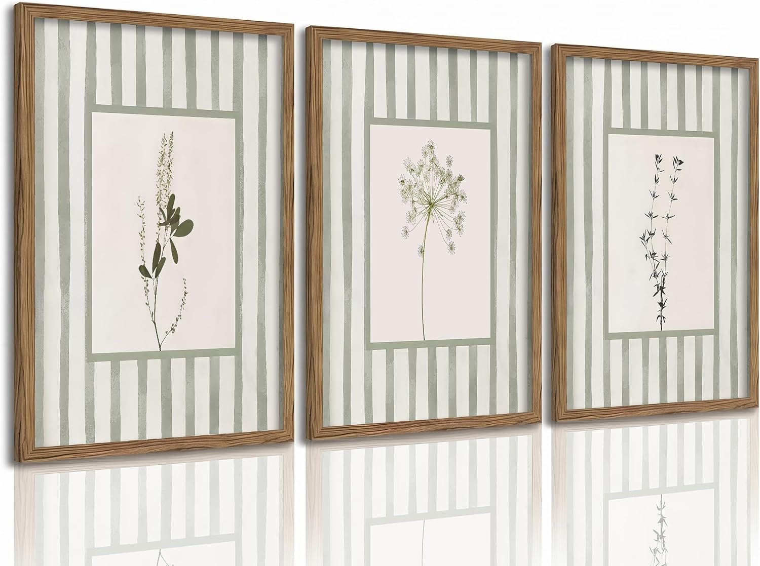 Sage Green Bathroom Wall Art Set of 3, Framed Cottage Style Botanical Decor