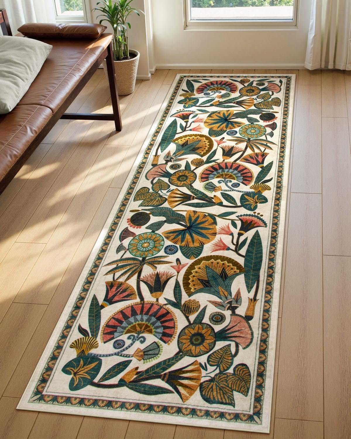 Zealude Egypt Floral Washable Bathroom Runner Rug for Kitchen Floor,2×8 Boho Rug Runners for Hallways Entryway,Vintage Non Slip Soft Throw Carpet for Laundry Room Entrance (Beige,2’6”x8′)