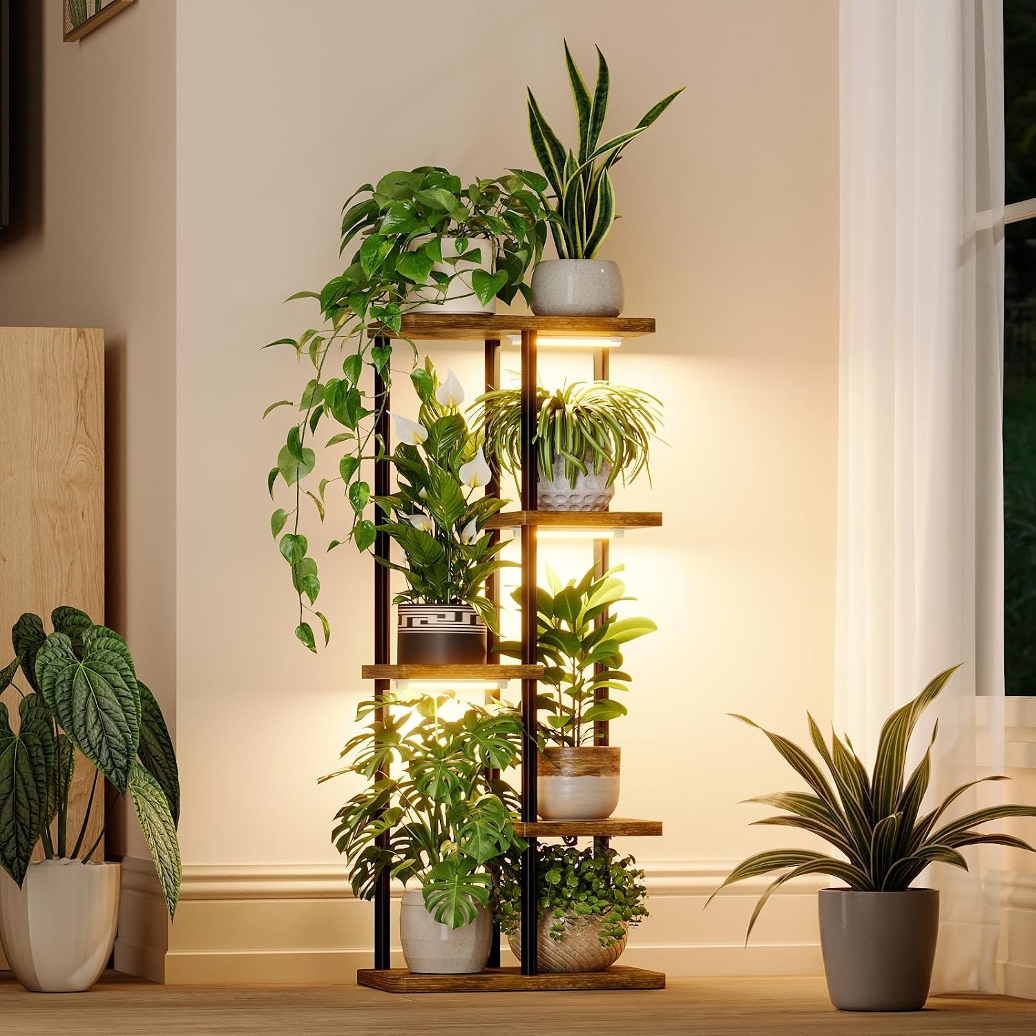 Bamworld Indoor Plant Stand with Grow Light Corner 5Tier