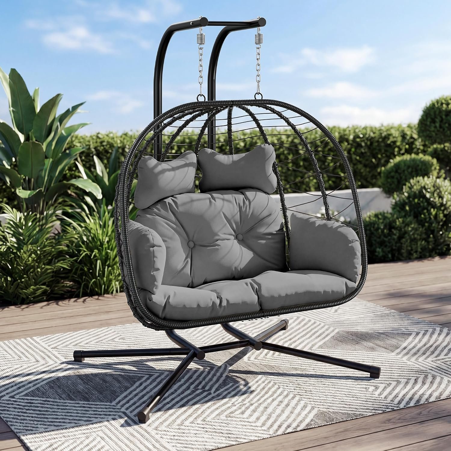 Bifanuo Double Hanging Egg Chair with Stand, Outdoor Indoor Swing Chair with Removable Cushion for 2 Person, Heavy Duty 700LBS Capacity for Patio, Bedroom, Garden (Black-Grey)